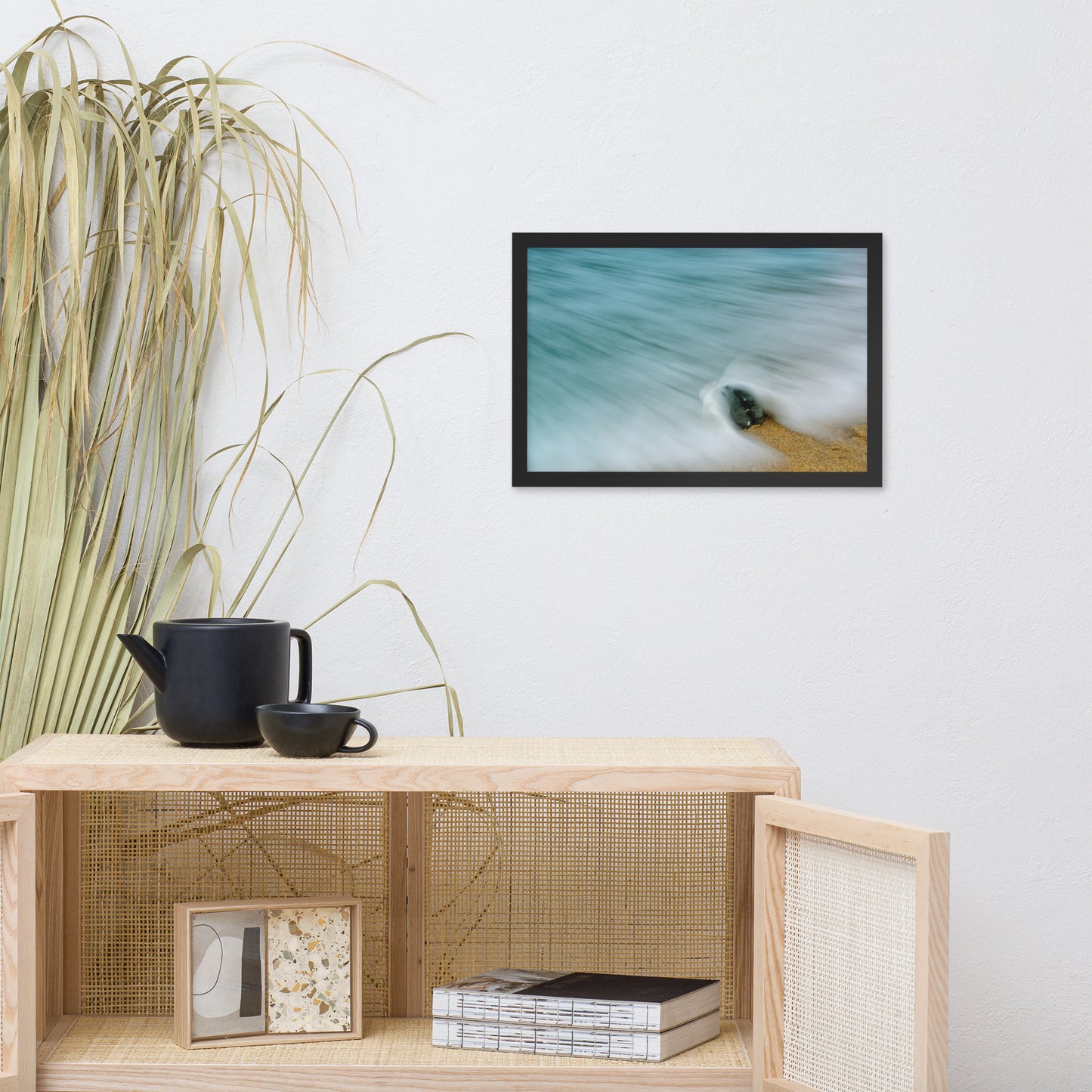 Whelk Seashell and Misty Wave Coastal Nature Photo Framed Wall Art Print