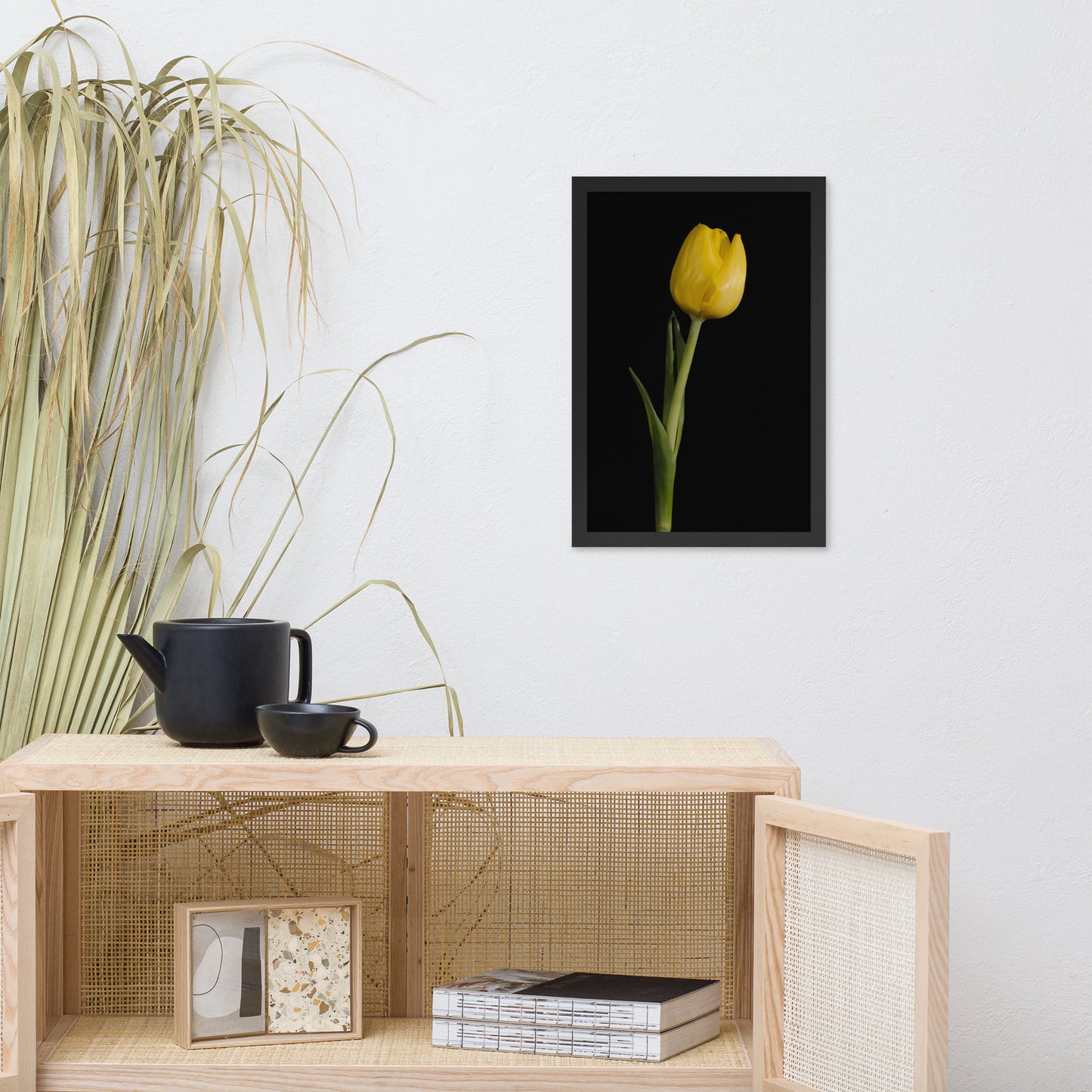 Yellow Tulip on Black Floral Nature Photo Framed Wall Art Print