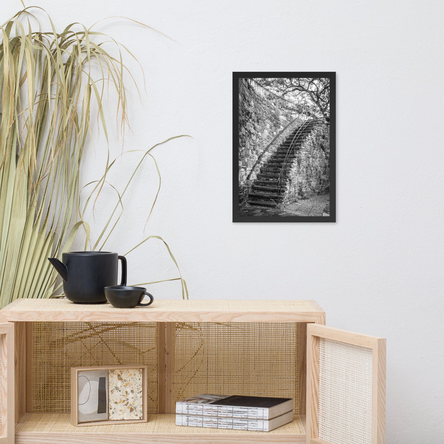 Black and White Old Stone Stairs River Street Savannah Ga Framed Wall Art Print