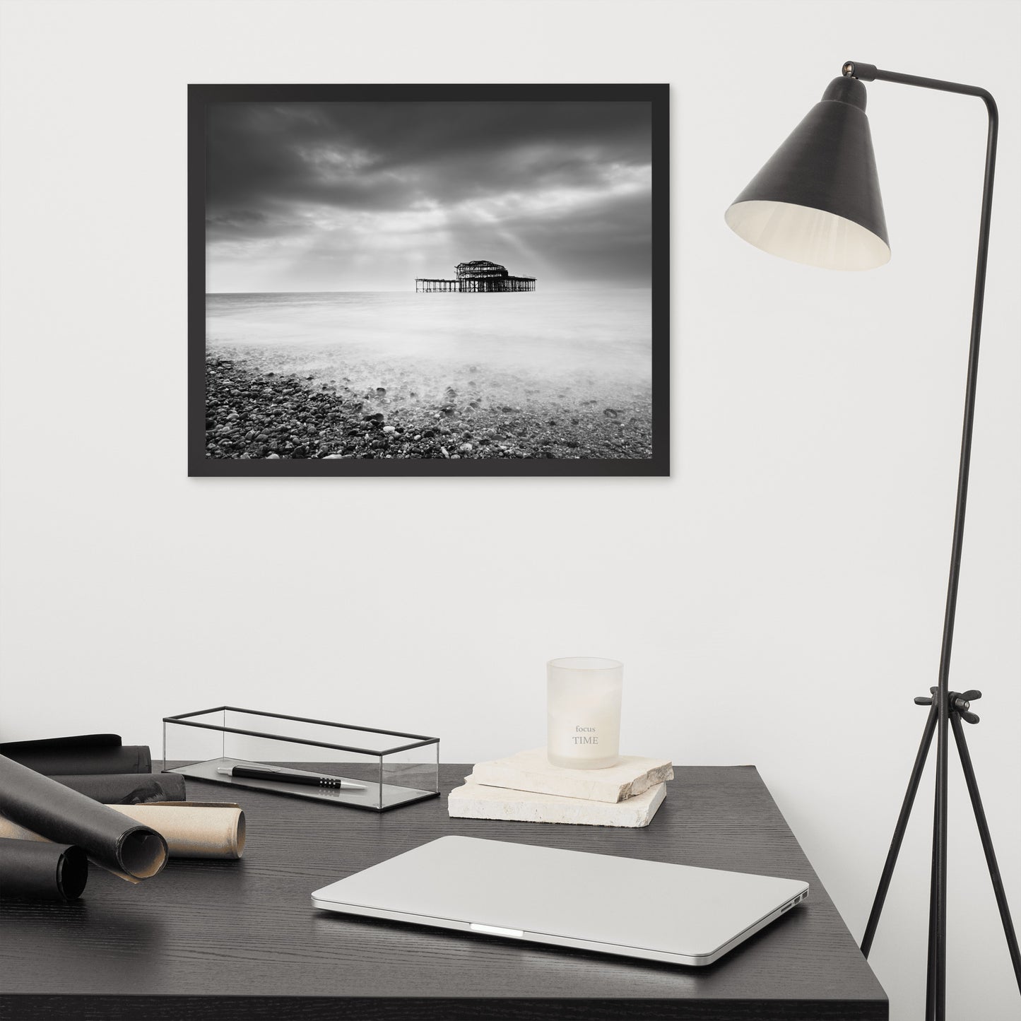 Artwork For Office Buildings: Abandoned West Pier Coastal Seascape Landscape Black and White Photograph Framed Wall Art Print