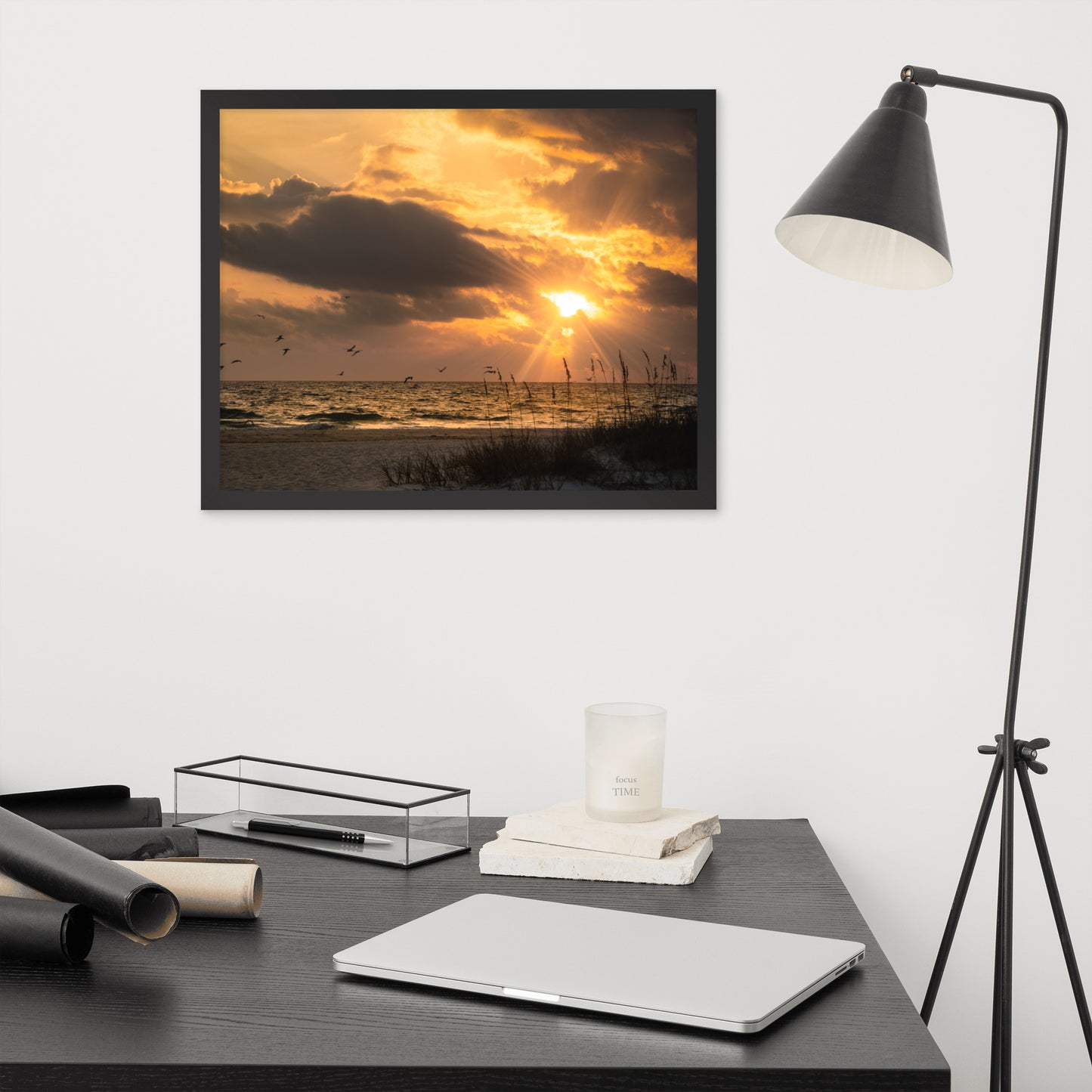 Masculine Office Wall Art: Anna Maria Island Cloudy Beach Sunset 1 - Coastal / Beach / Seascape / Nature / Landscape Photo Framed Wall Art Print - Artwork