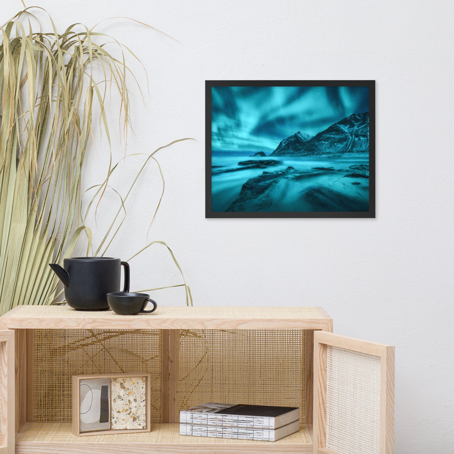 Blue Northern Lights and Mountain Coast Framed Wall Art Prints