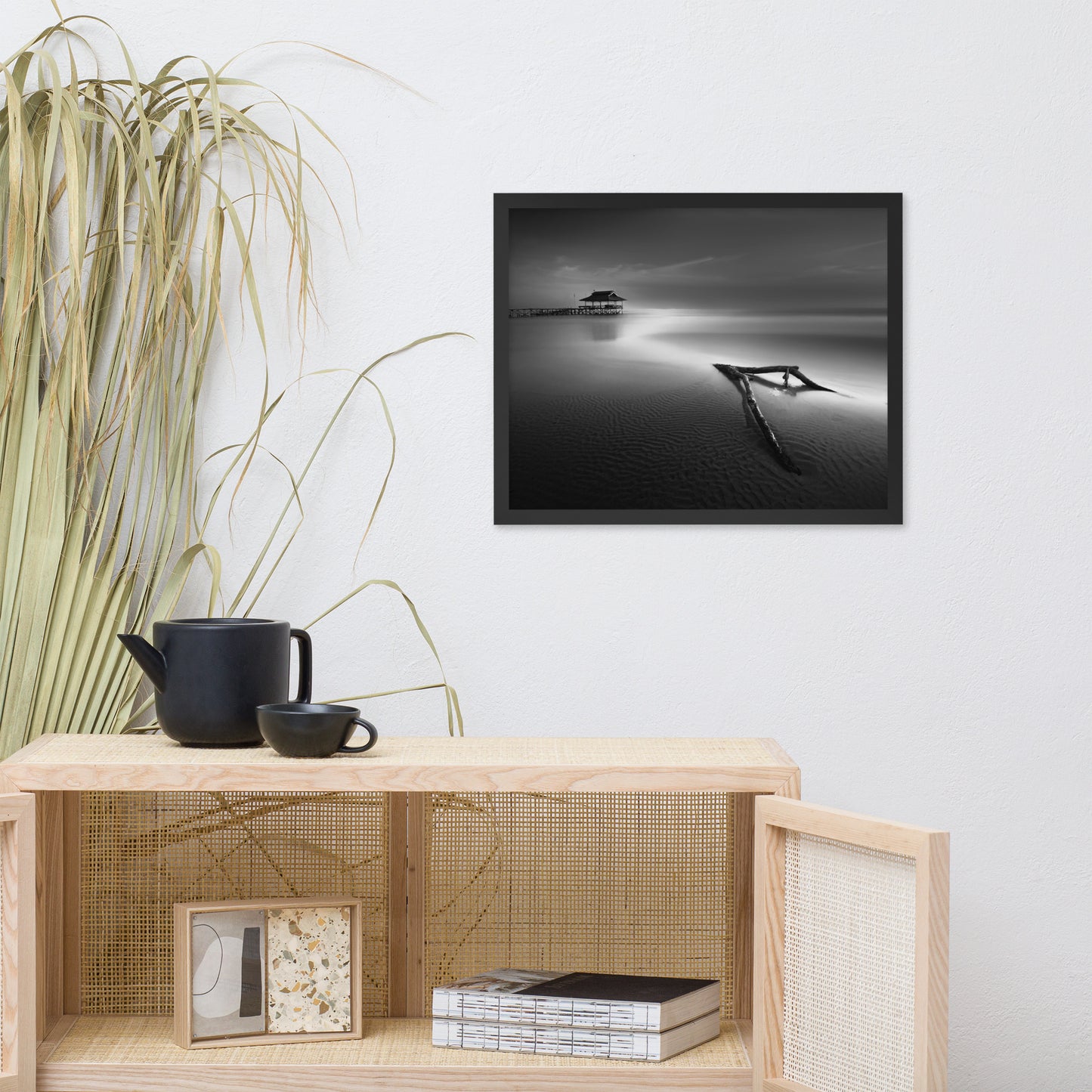 Dramatic Beach with Driftwood Black and White Framed Wall Art Prints