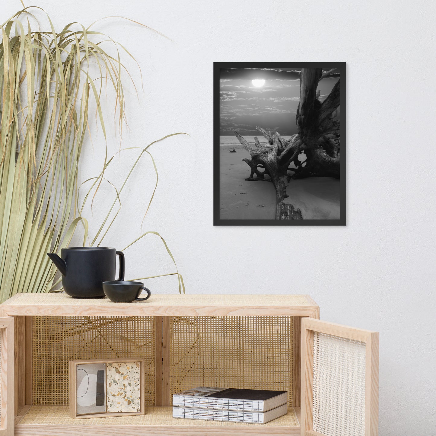 Dried Tree Roots and Sunrise 2 Black and White Landscape Photo Framed Wall Art Print