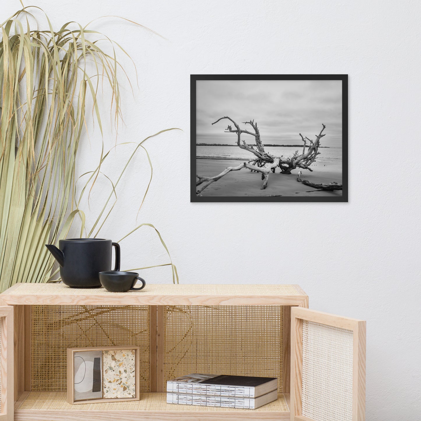 Driftwood on Boneyard Beach Florida 3 Black and White Rustic Coastal Landscape Photo Framed Wall Art Print