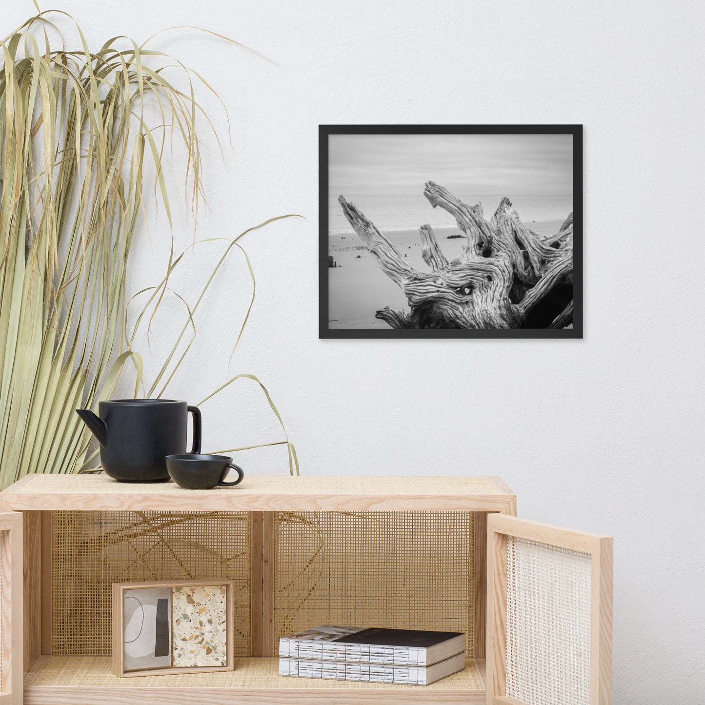 Driftwood on Boneyard Beach Florida 4 Black and White Coastal Landscape Photo Framed Wall Art Print