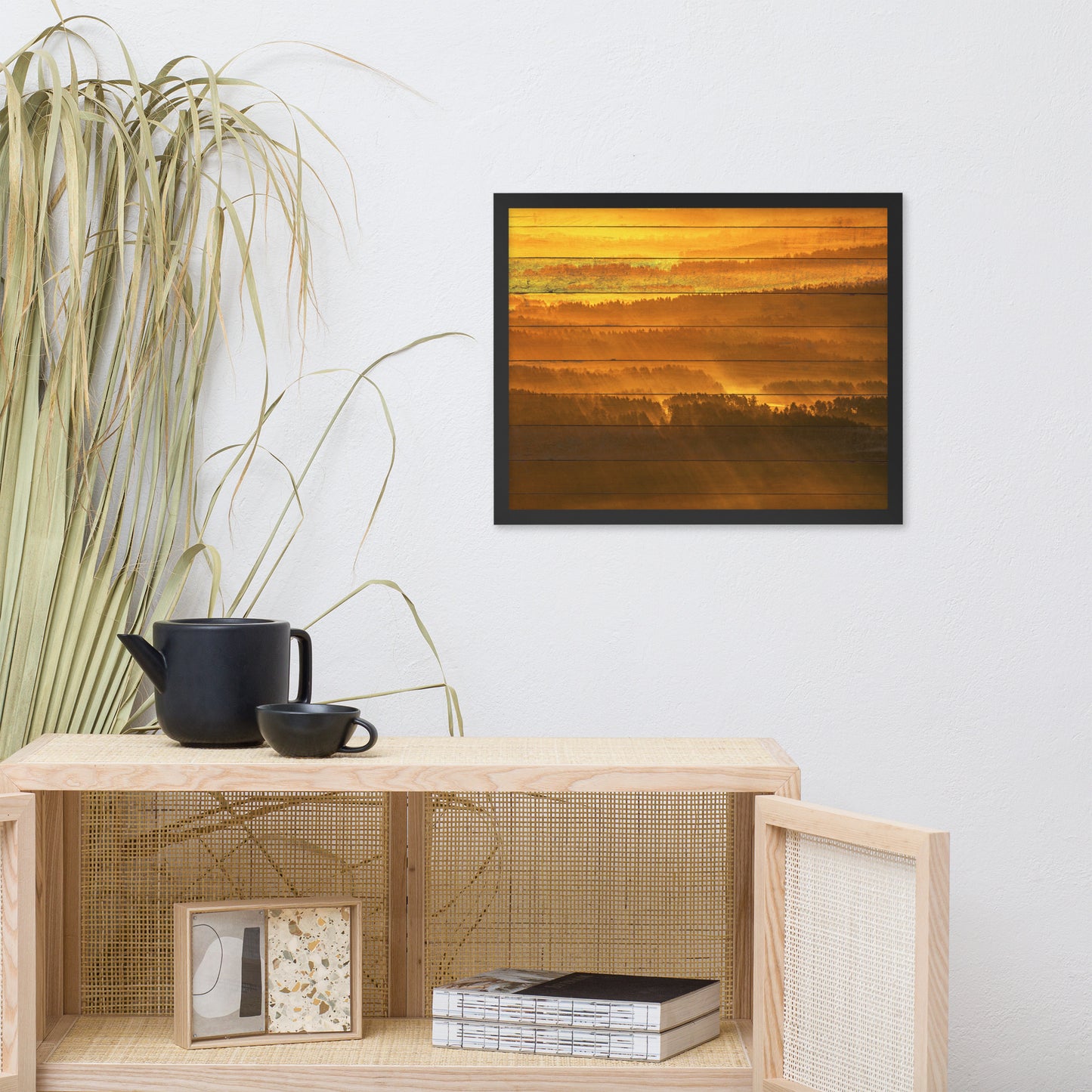 Faux Wood Golden Mist Valley - Hills & Mountain Range Framed Photo Wall Art Prints