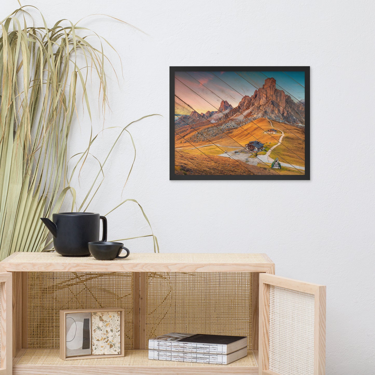 Faux Wood Majestic Sunset & Alpine Mountain Framed Photo Paper Wall Art Prints