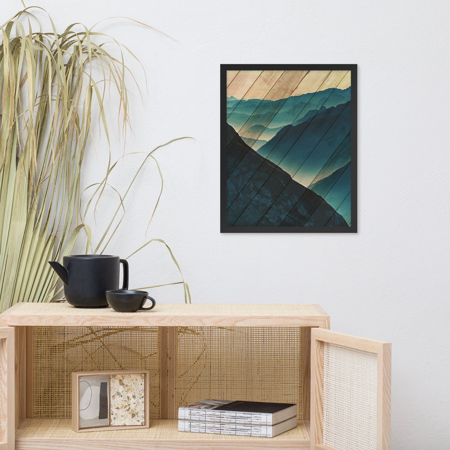 Faux Wood Misty Blue Silhouette Mountain Range Landscape Framed Photo Paper Wall Art Prints