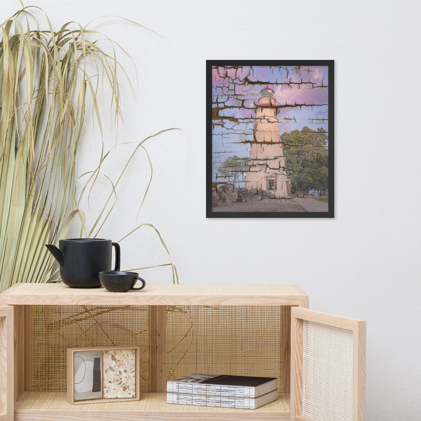 Faux Wood Texture Marblehead Lighthouse at Sunset Framed Photo Paper Wall Art Prints