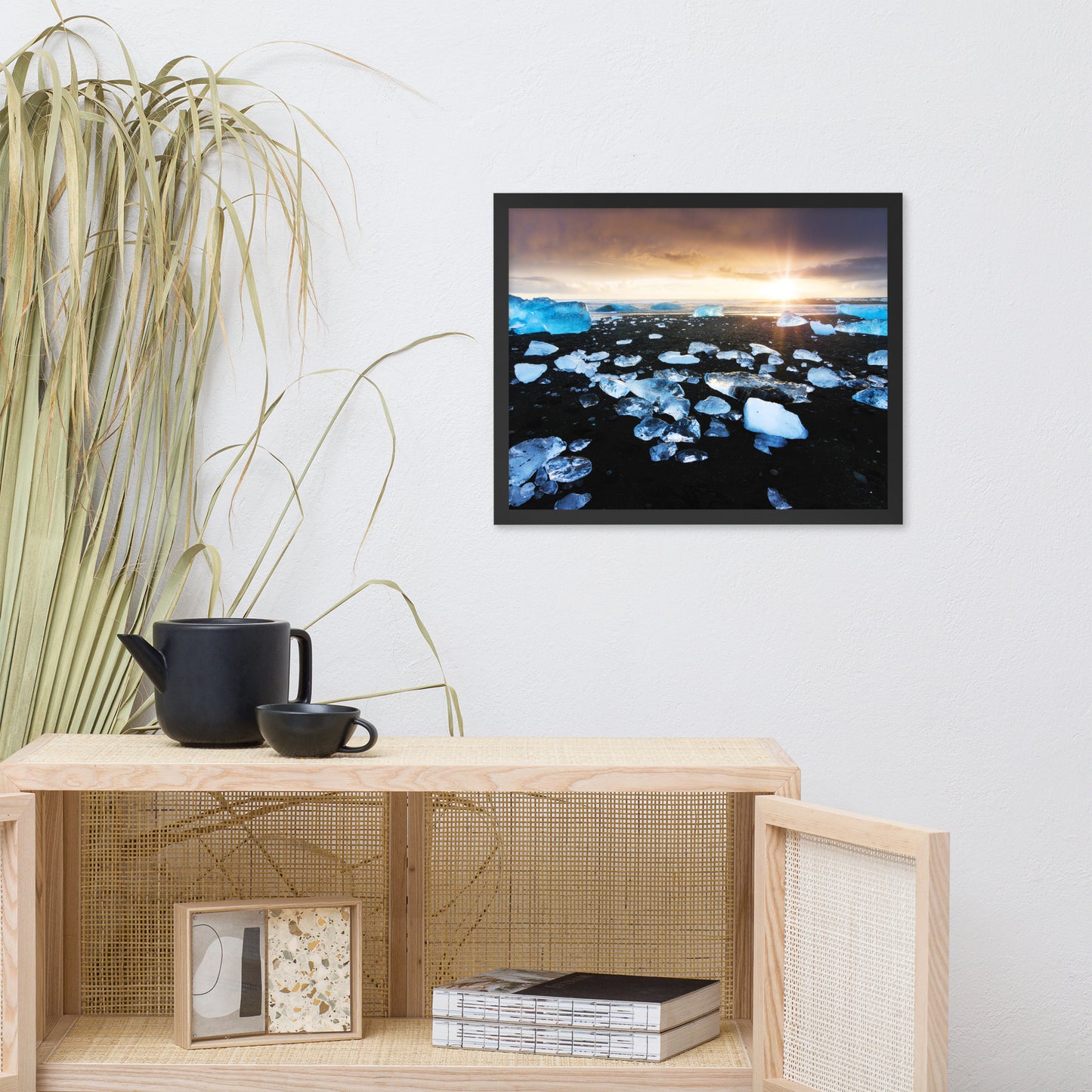 Fire and Ice Black Sand Sunset Coastal Landscape Framed Photo Paper Wall Art Prints