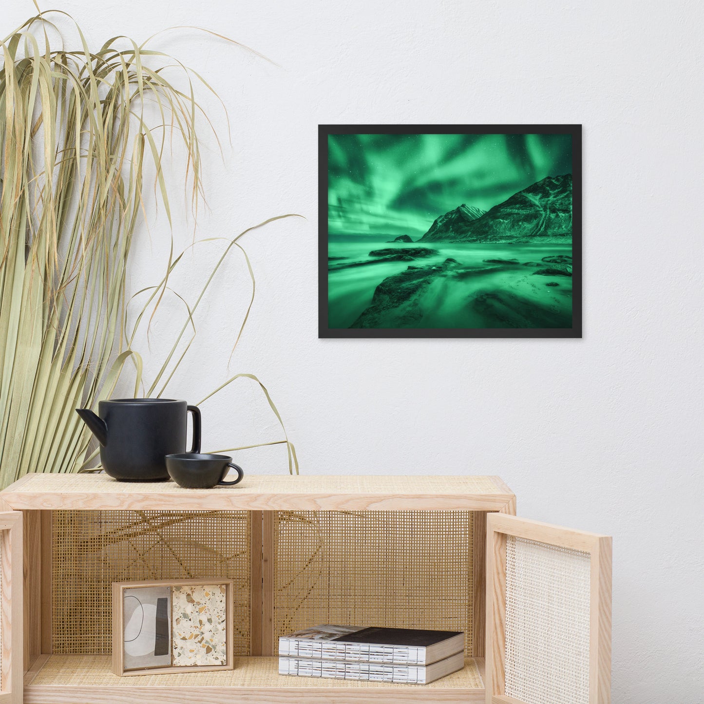Green Northern Lights and Mountain Coast Framed Wall Art Prints