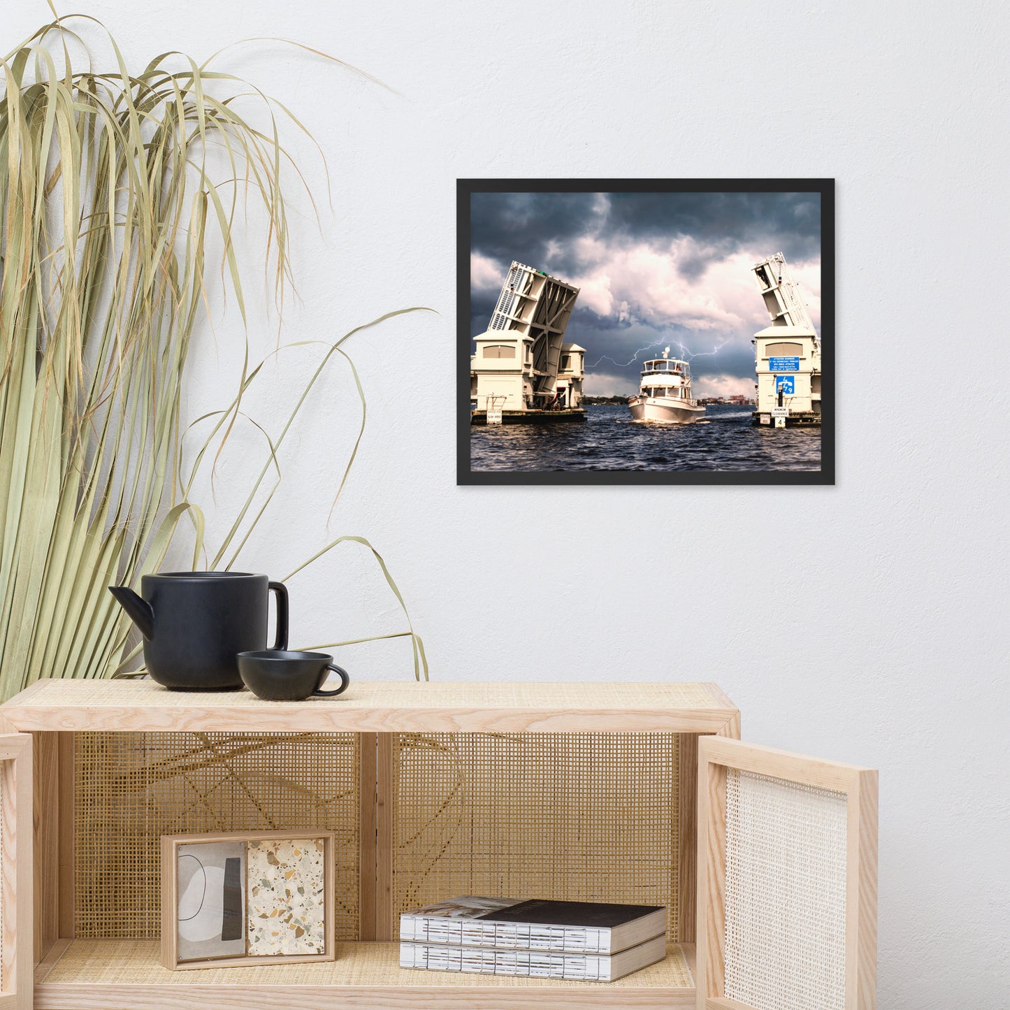 Stormy Drawbridge and Boat Racing Towards the Sun Coastal Landscape Photograph Framed Wall Art Print
