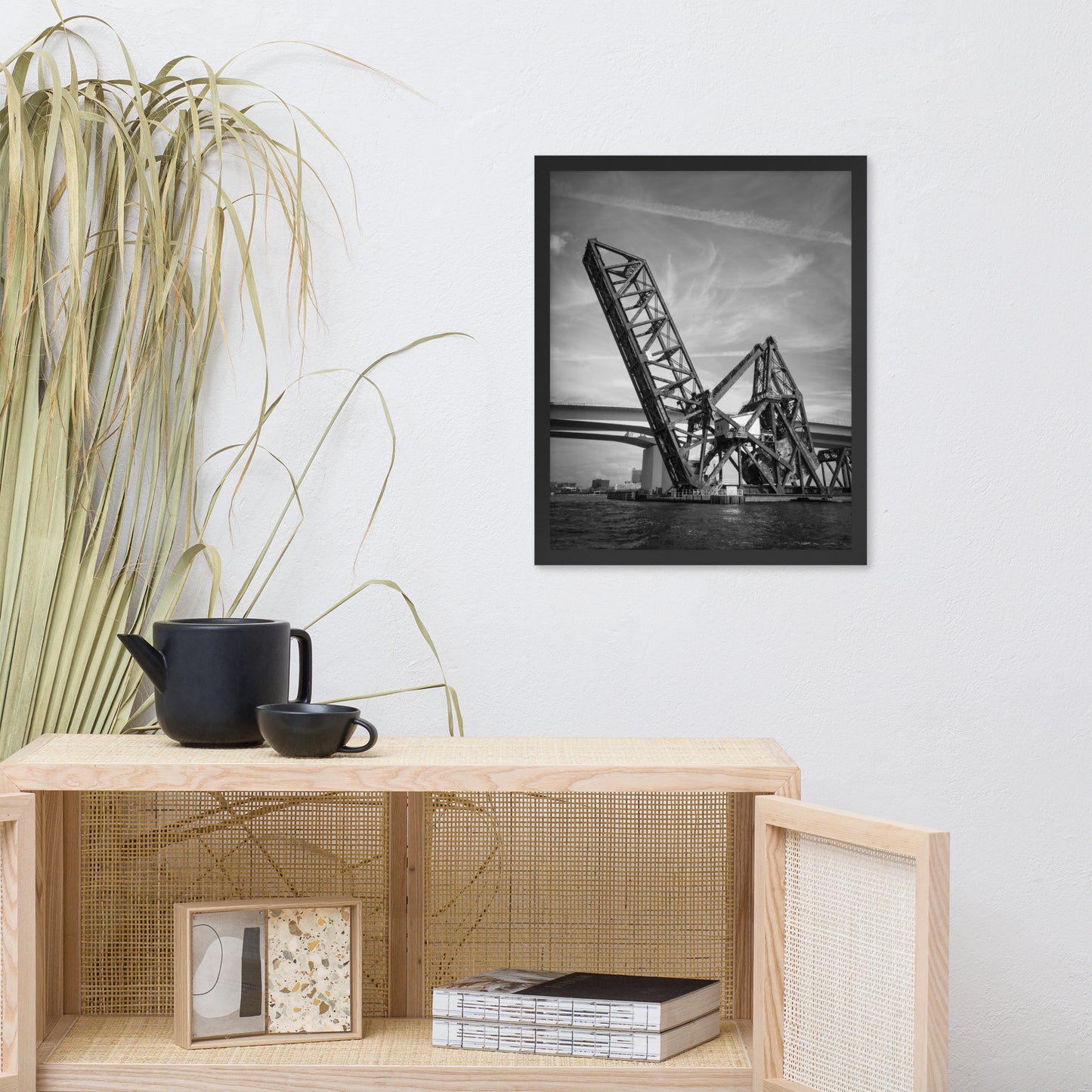 Train Drawbridge Jacksonville 2 Black and White Framed Wall Art Print