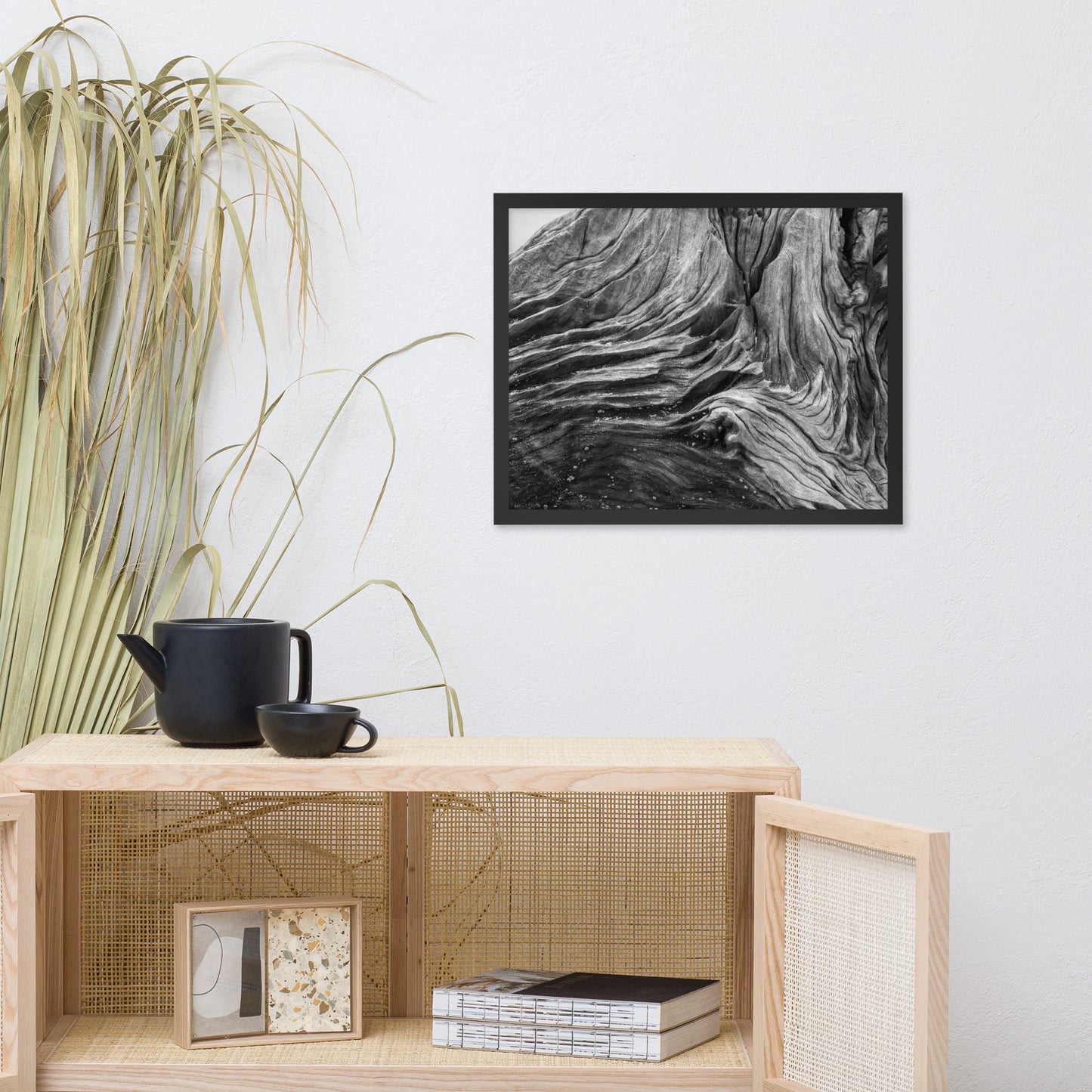 Dead Tree Boneyard Beach Florida Texture Close-up Black and White Rustic Nature Photo Framed Wall Art Print