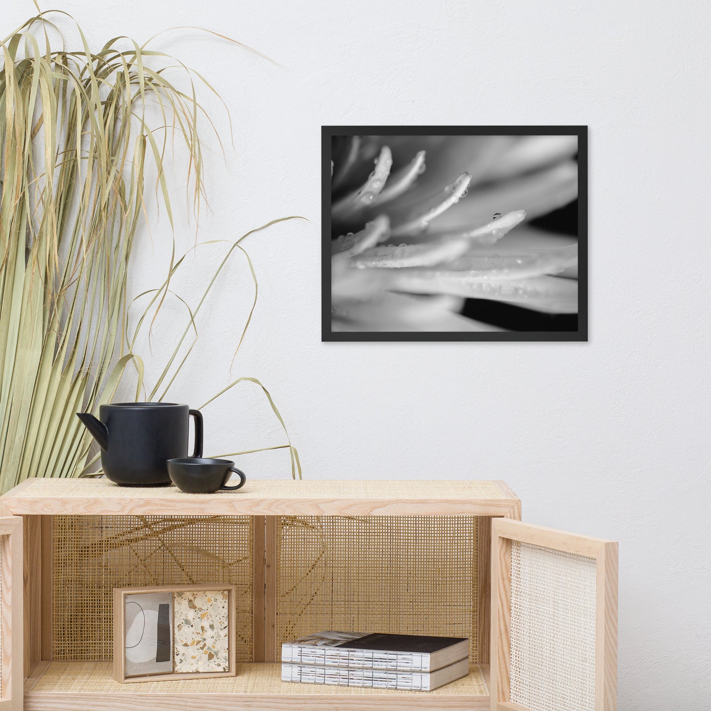 Droplets on Petals Black and White Floral Nature Photo Framed Wall Art Print