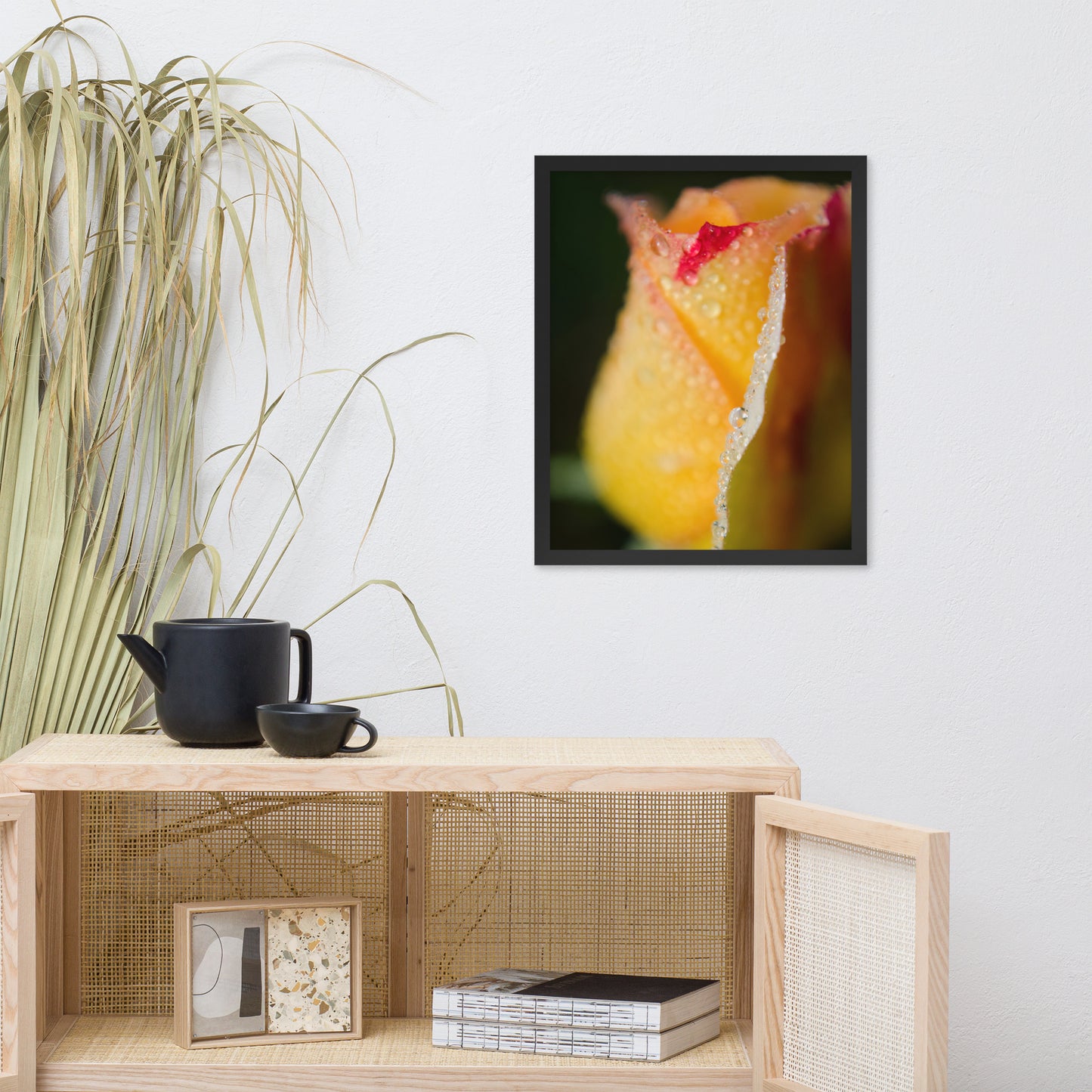 Dew on Yellow Rose Floral Nature Photo Framed Wall Art Print