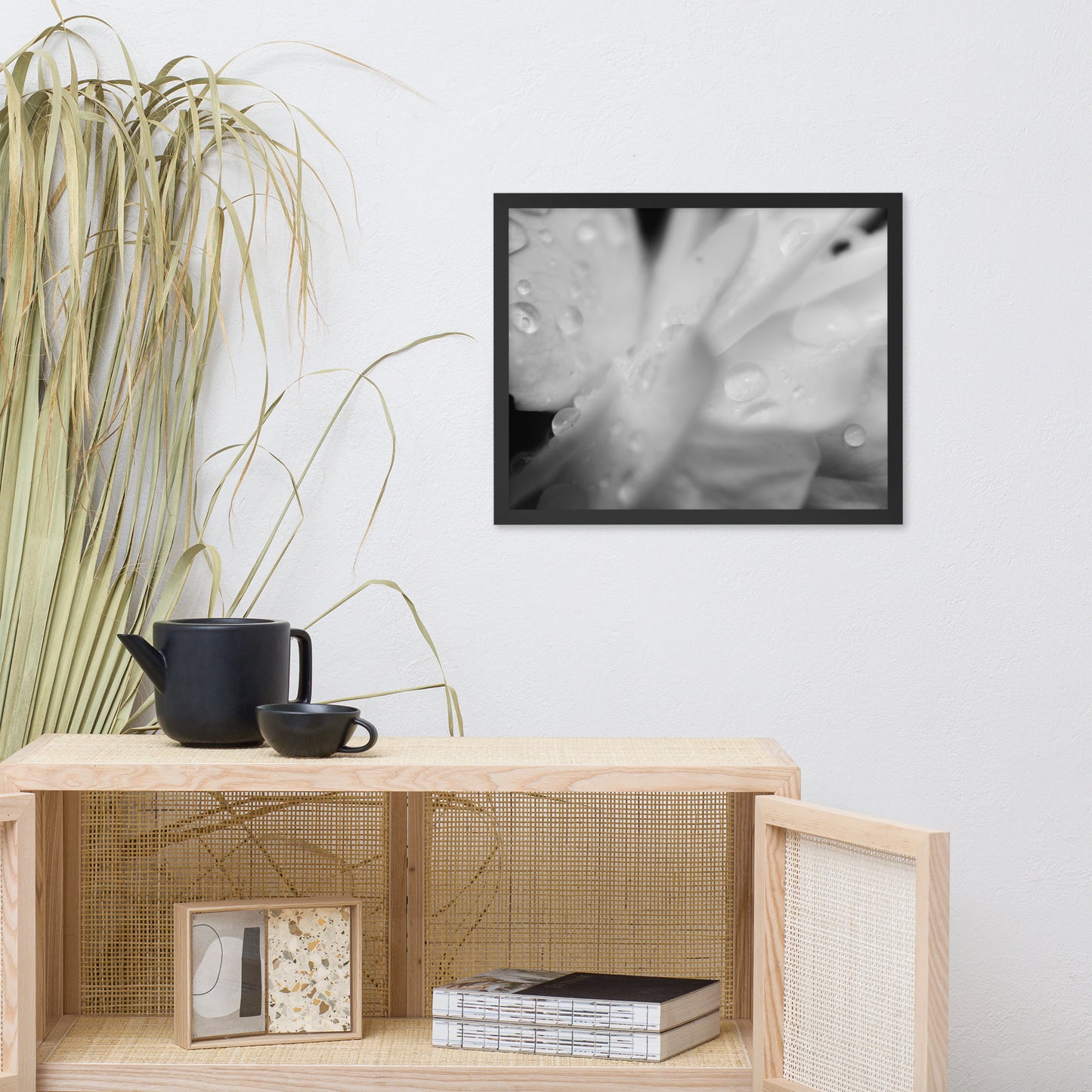 Delicate Rose Petals Black and White Floral Nature Photo Framed Wall Art Print