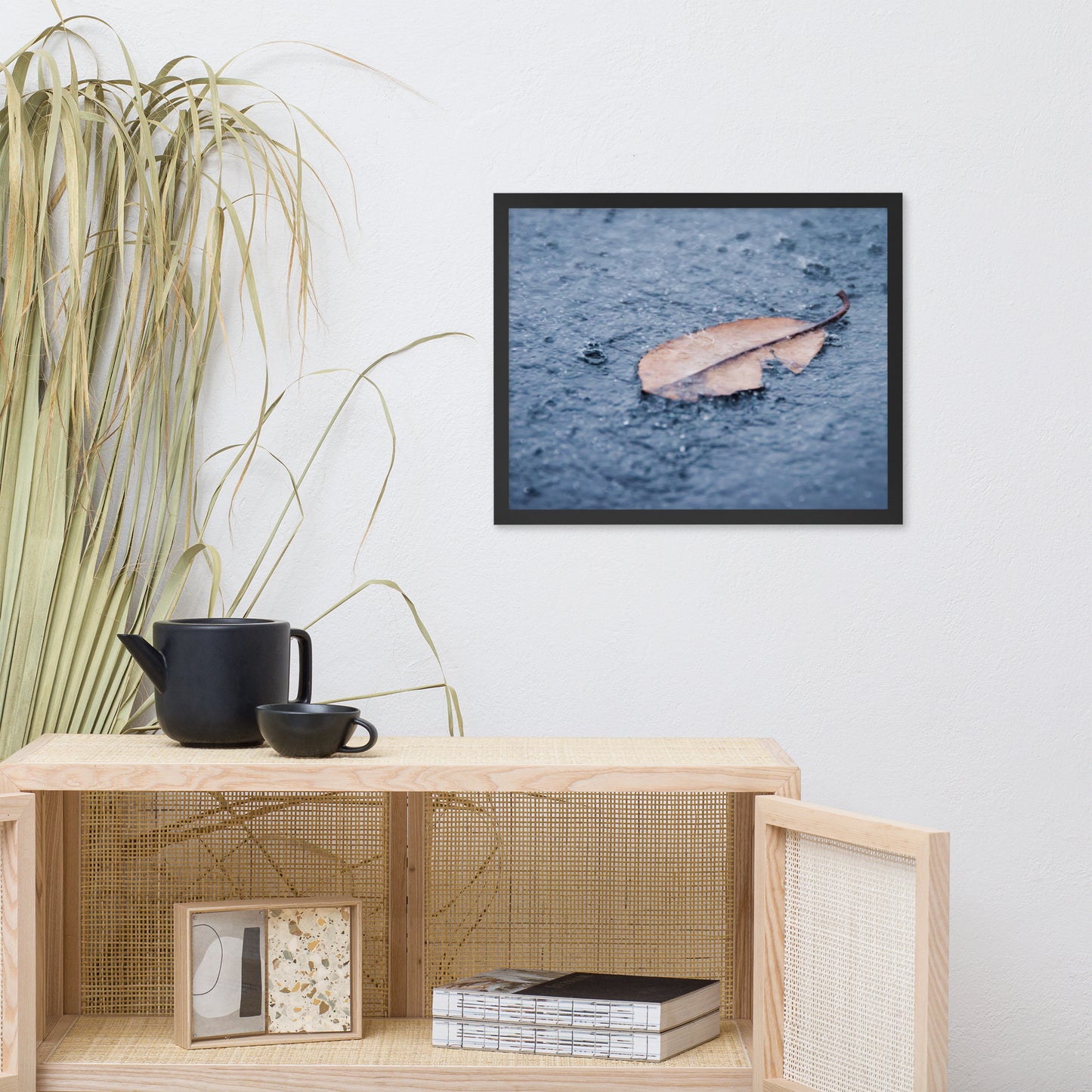 Fallen Leaf in The Rain Color Botanical Nature Photo Framed Wall Art Print