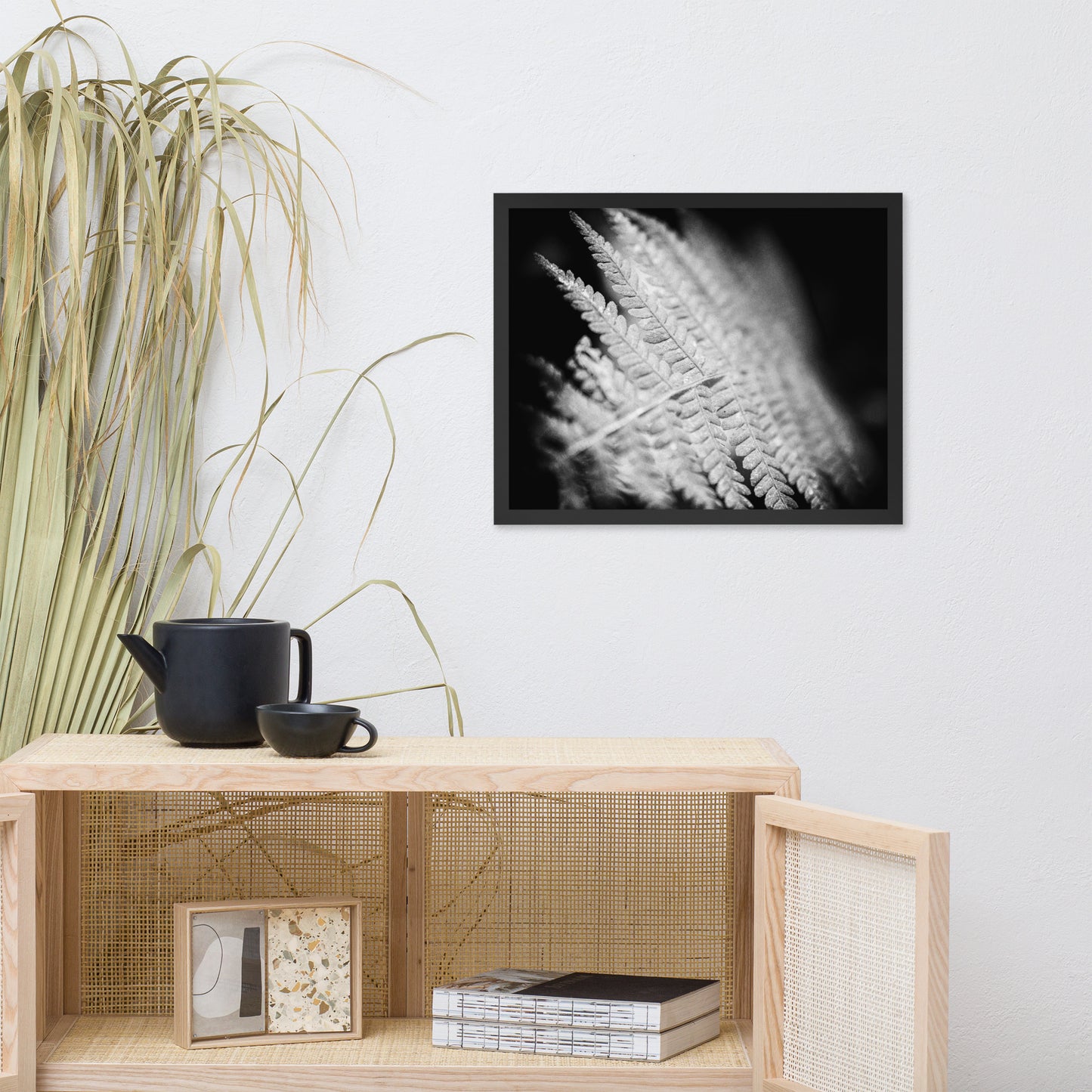 Fern Leaf in the Sunlight Black and White Botanical Nature Photo Framed Wall Art Print