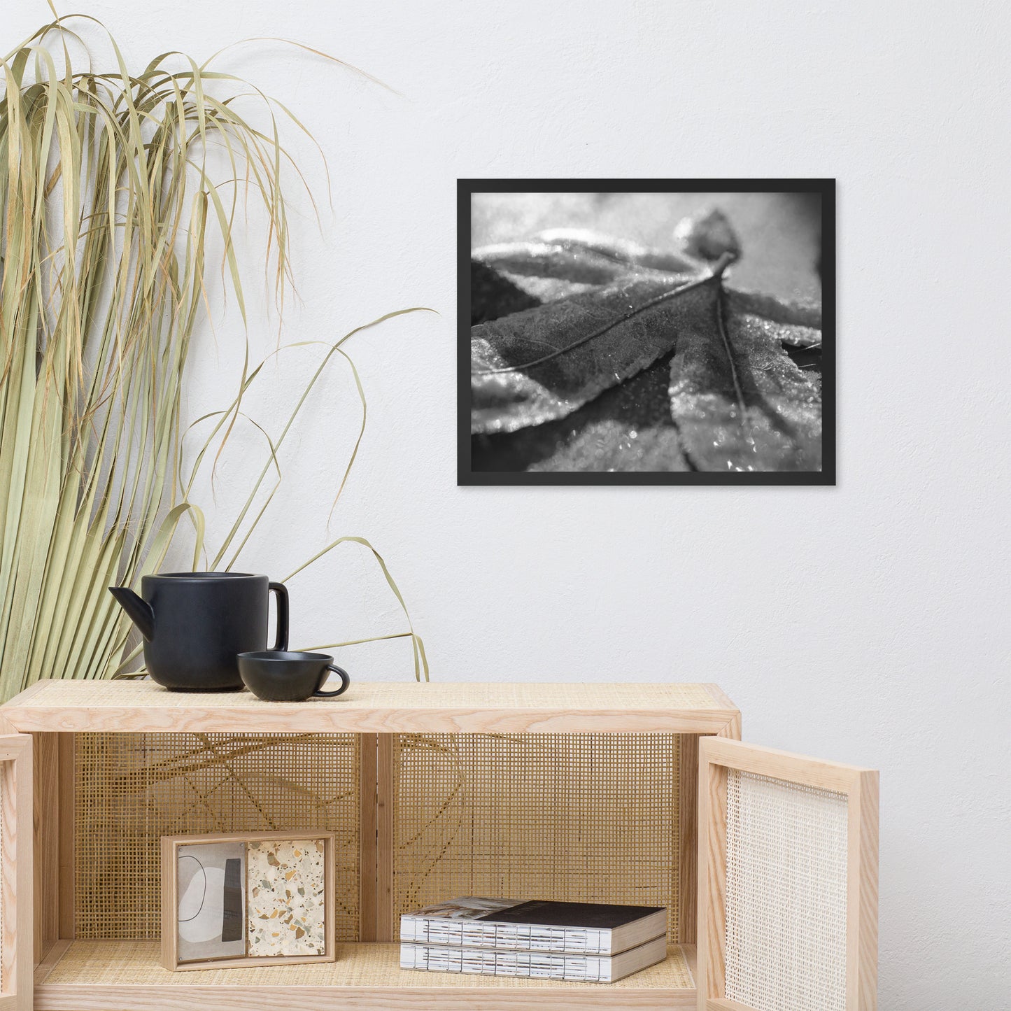 Frost Covered Leaf Black and White Botanical Nature Photo Framed Wall Art Print