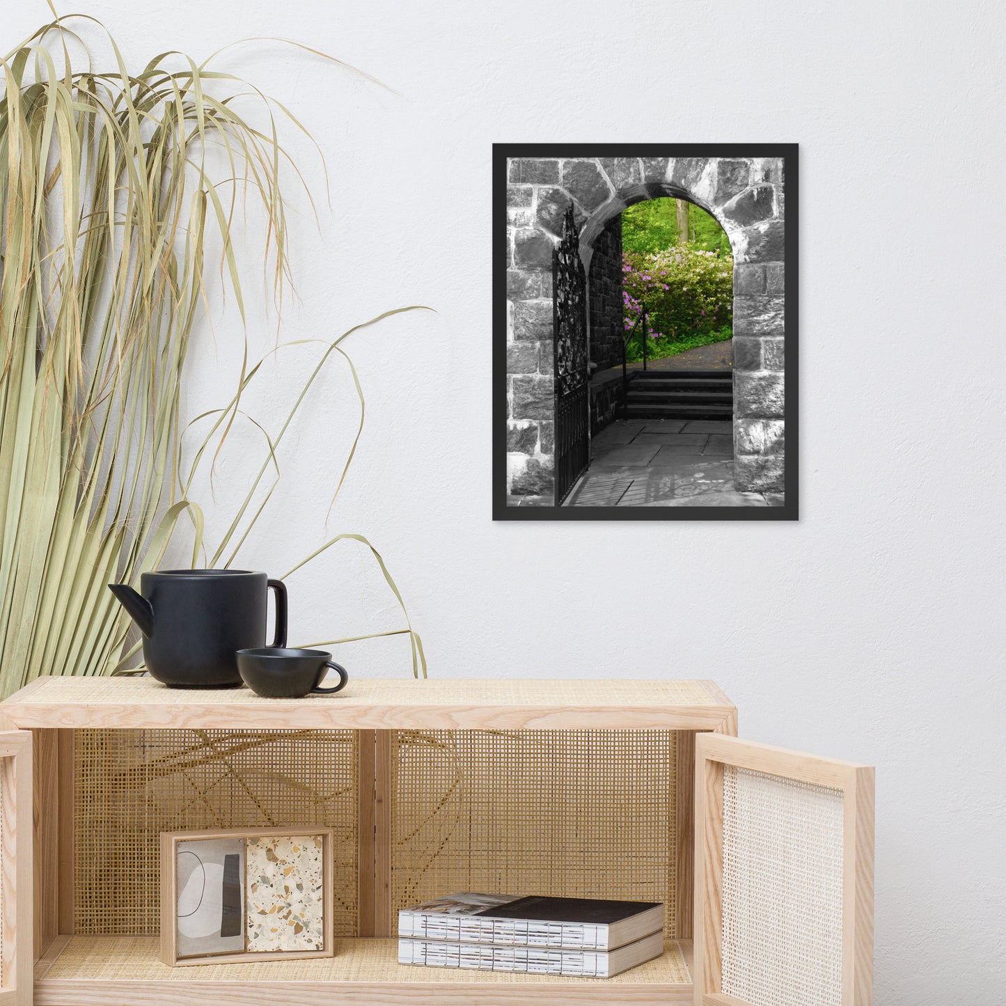 Garden Entryway Black and White Floral Nature Photo Framed Wall Art Print