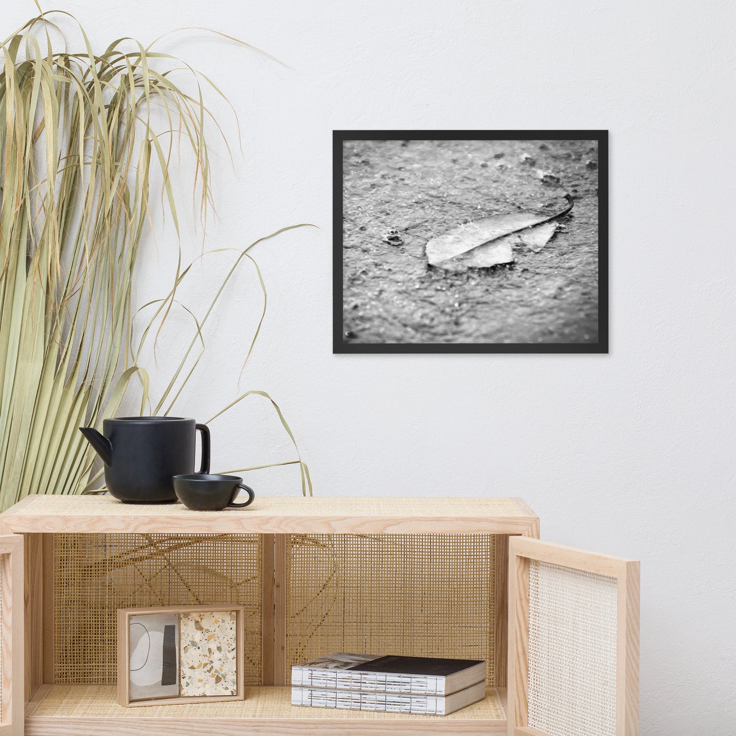 Fallen Leaf in The Rain Black and White Botanical Nature Photo Framed Wall Art Print