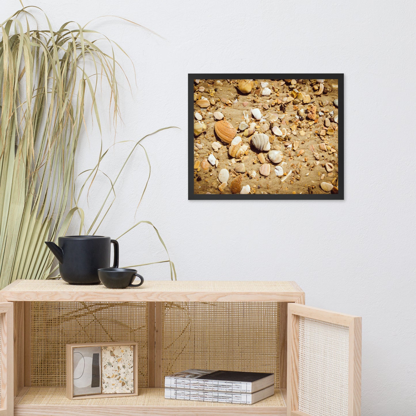 Broken Seashells and Sand Coastal Nature Photo Framed Wall Art Print