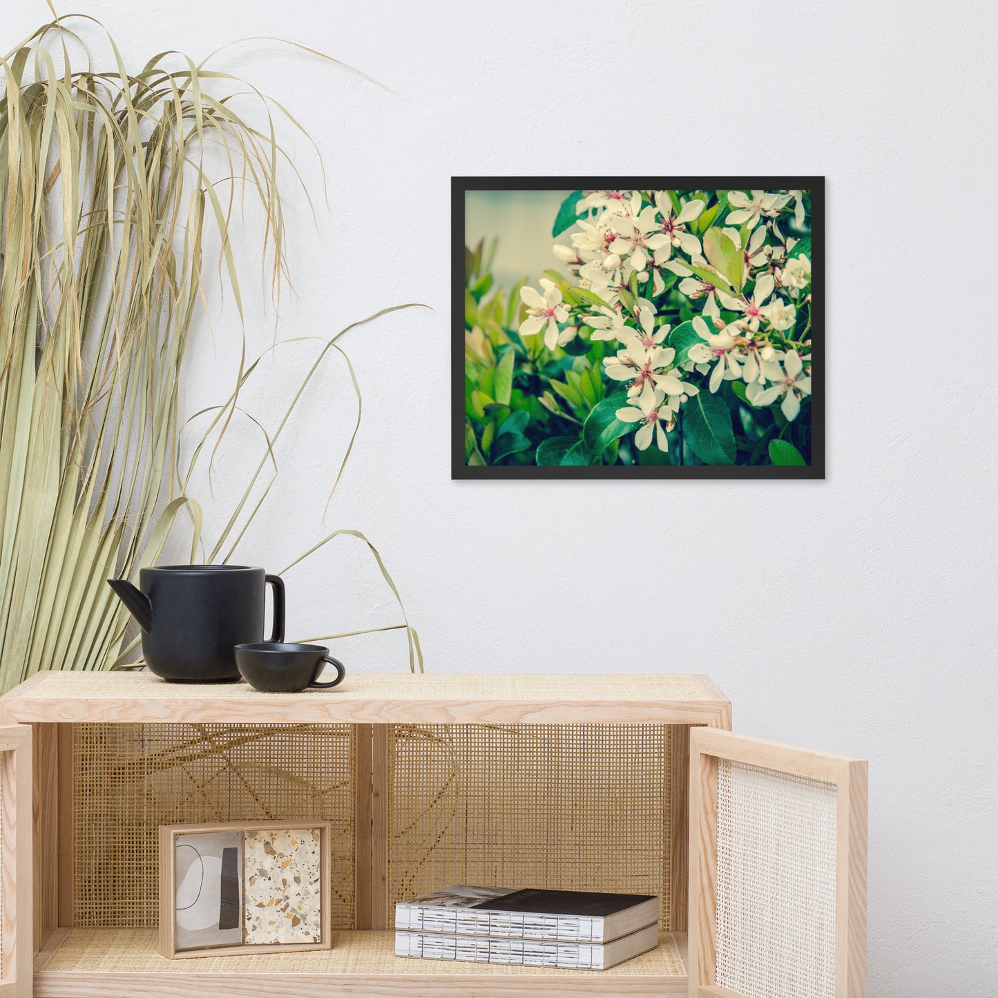 Indian Hawthorn Shrub in Bloom Colorized Floral Nature Photo Framed Wall Art Print