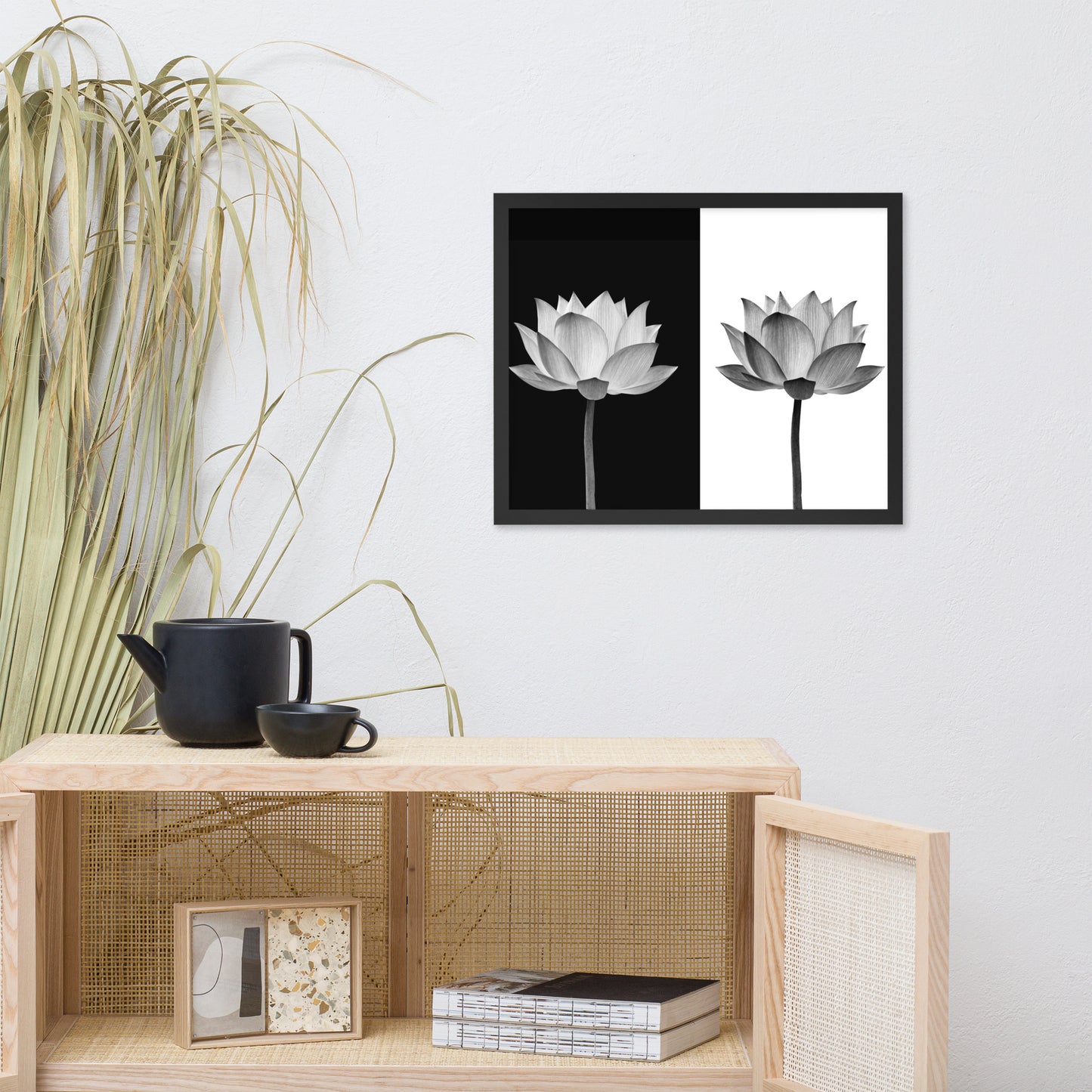 Lotus Flower on Black and White Background Floral Nature Framed Photo Paper Poster