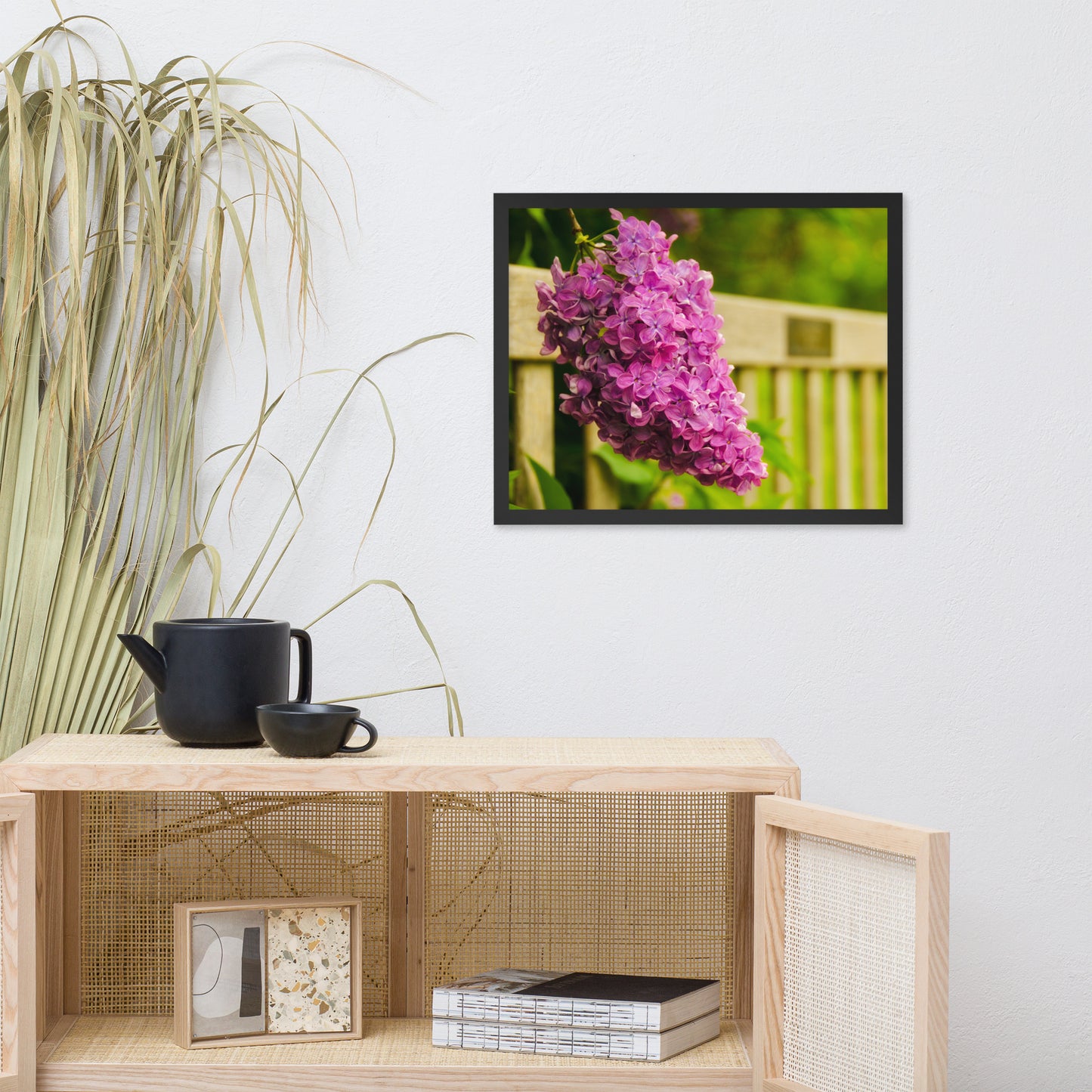 Park Bench with Lilac Floral Nature Photo Framed Wall Art Print