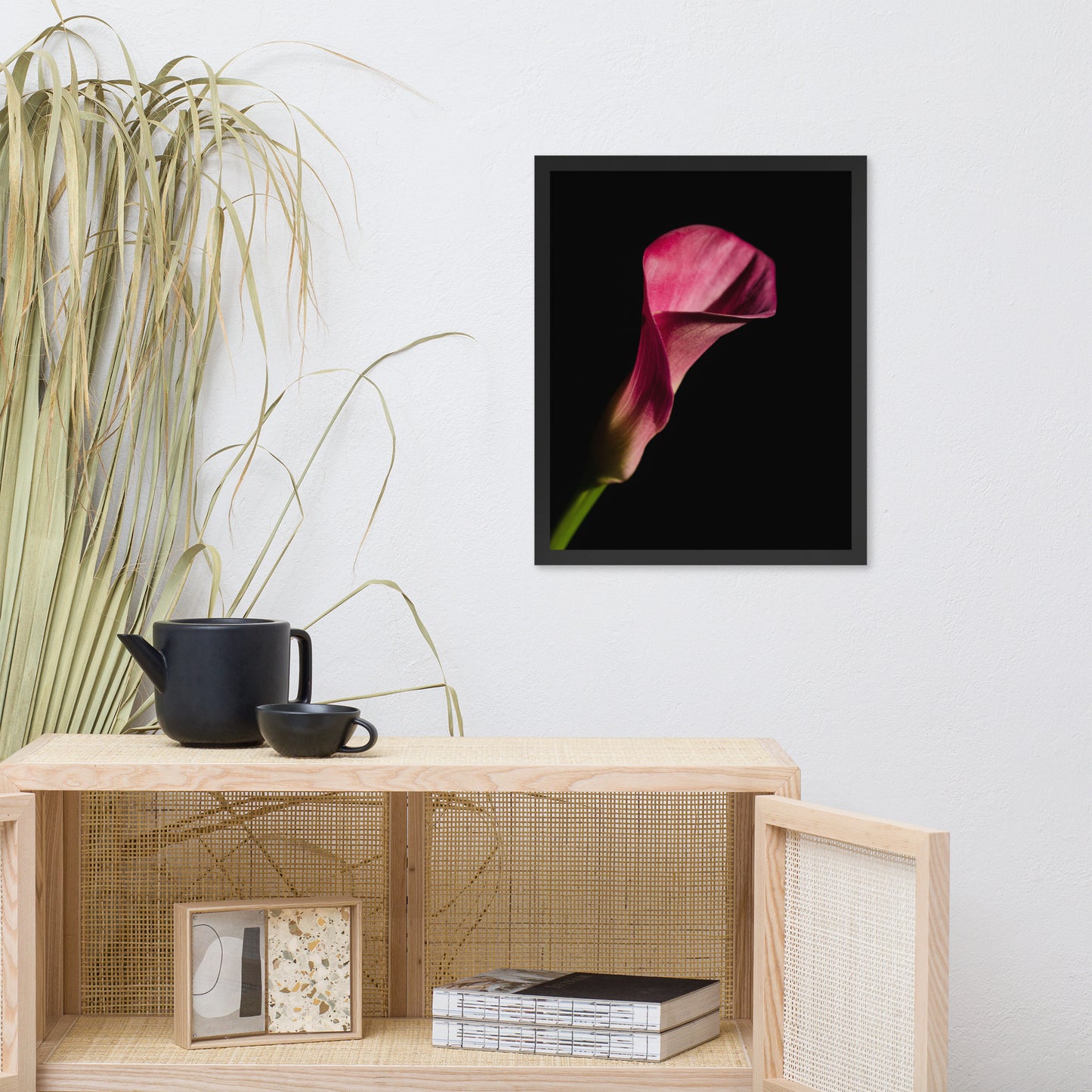 Pink Calla Lily Flower on Black Floral Nature Photo Framed Wall Art Print