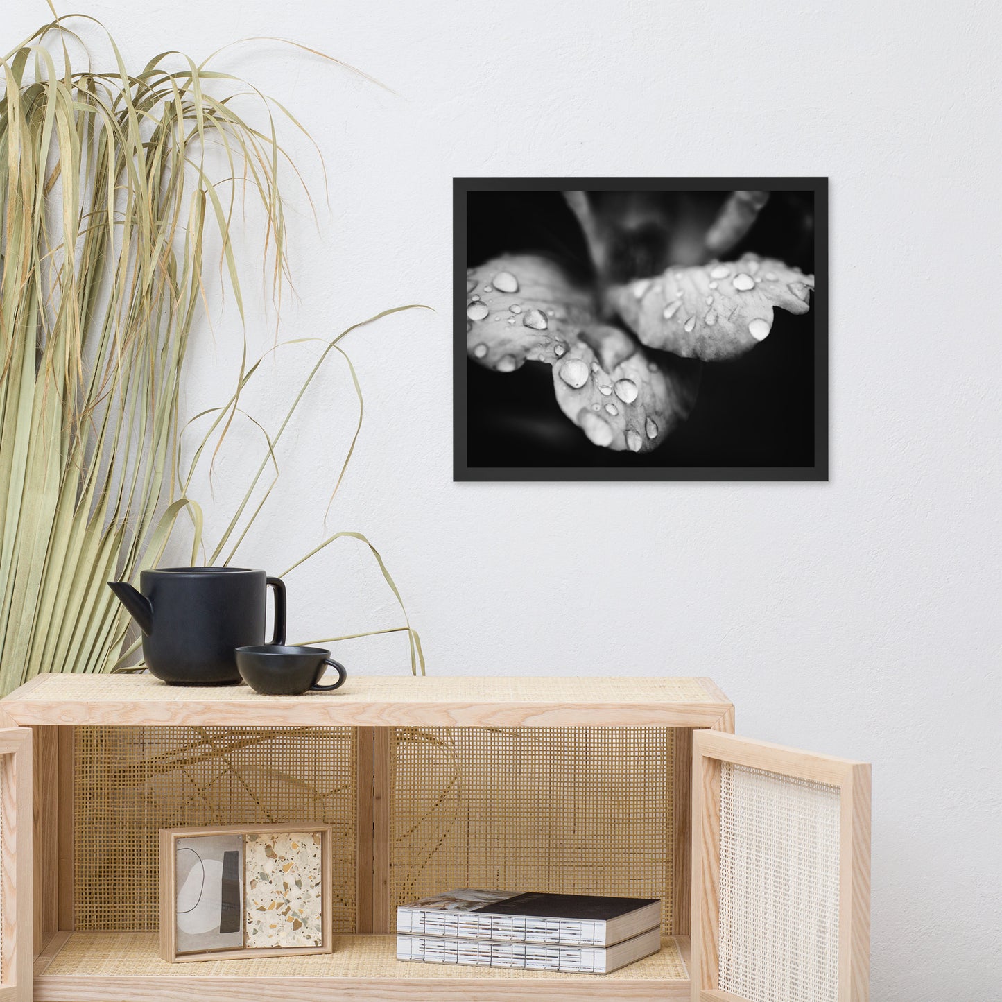 Raindrops on Wild Rose Black and White Floral Nature Photo Framed Wall Art Print
