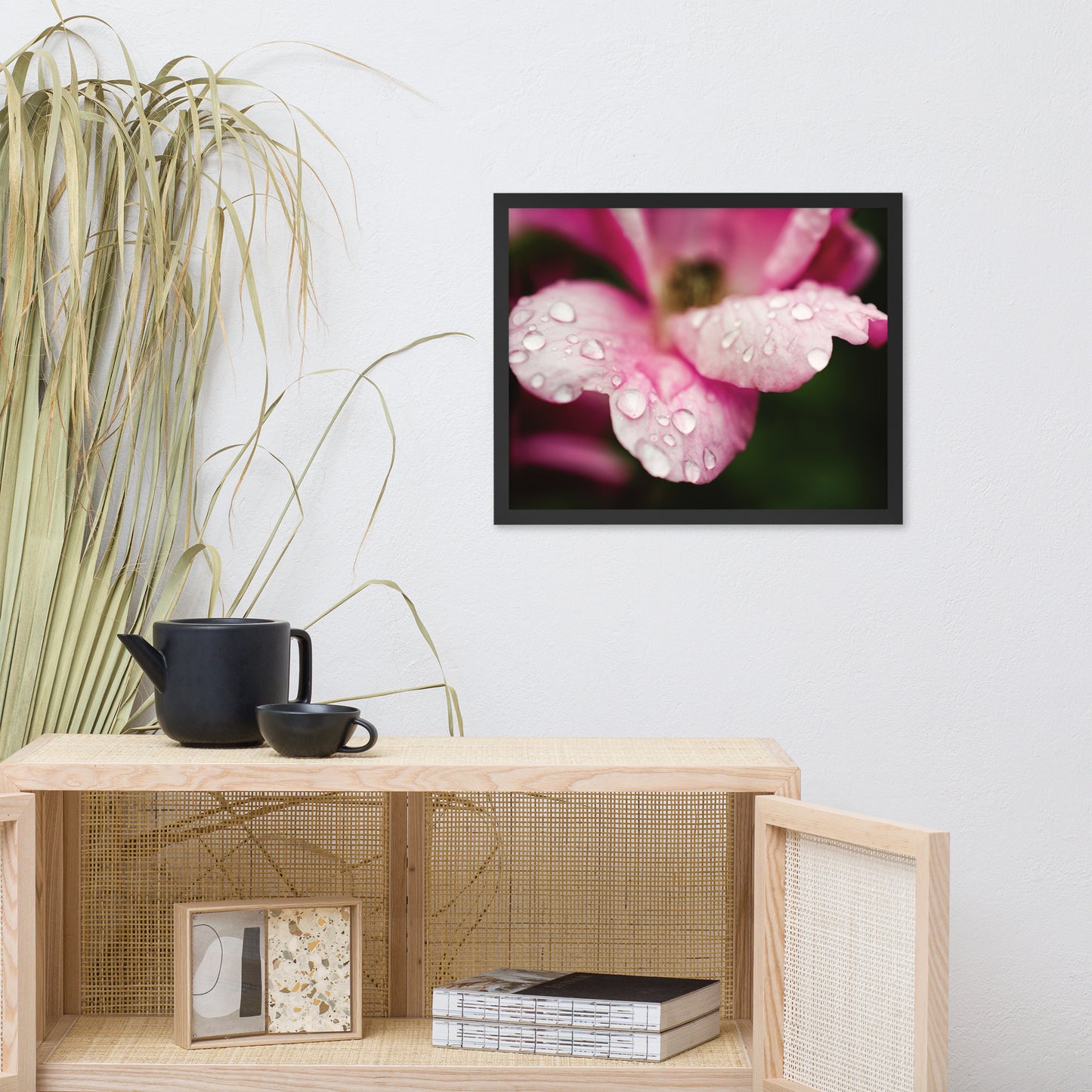 Raindrops on Wild Rose Color Floral Nature Photo Framed Wall Art Print