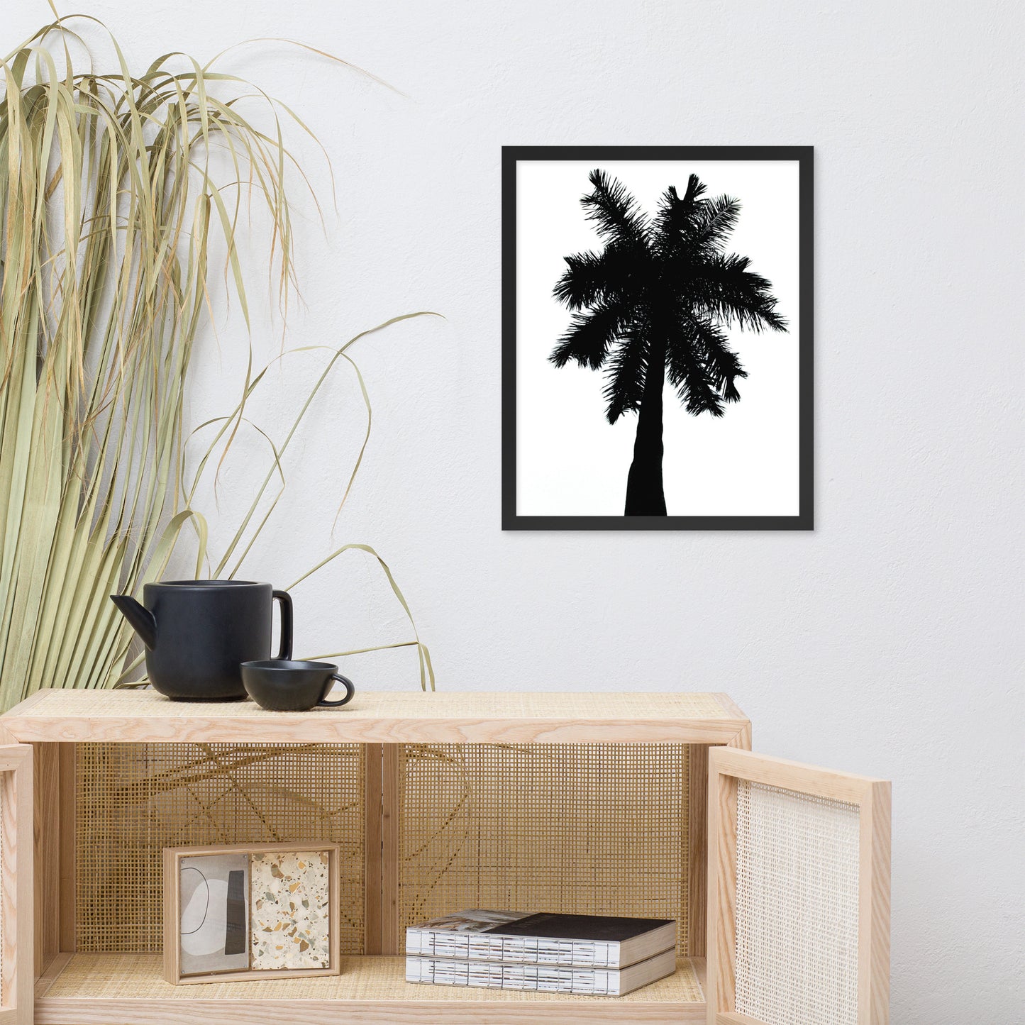 Palm Tree Silhouette on Pure White Botanical Nature Photo Framed Wall Art Print