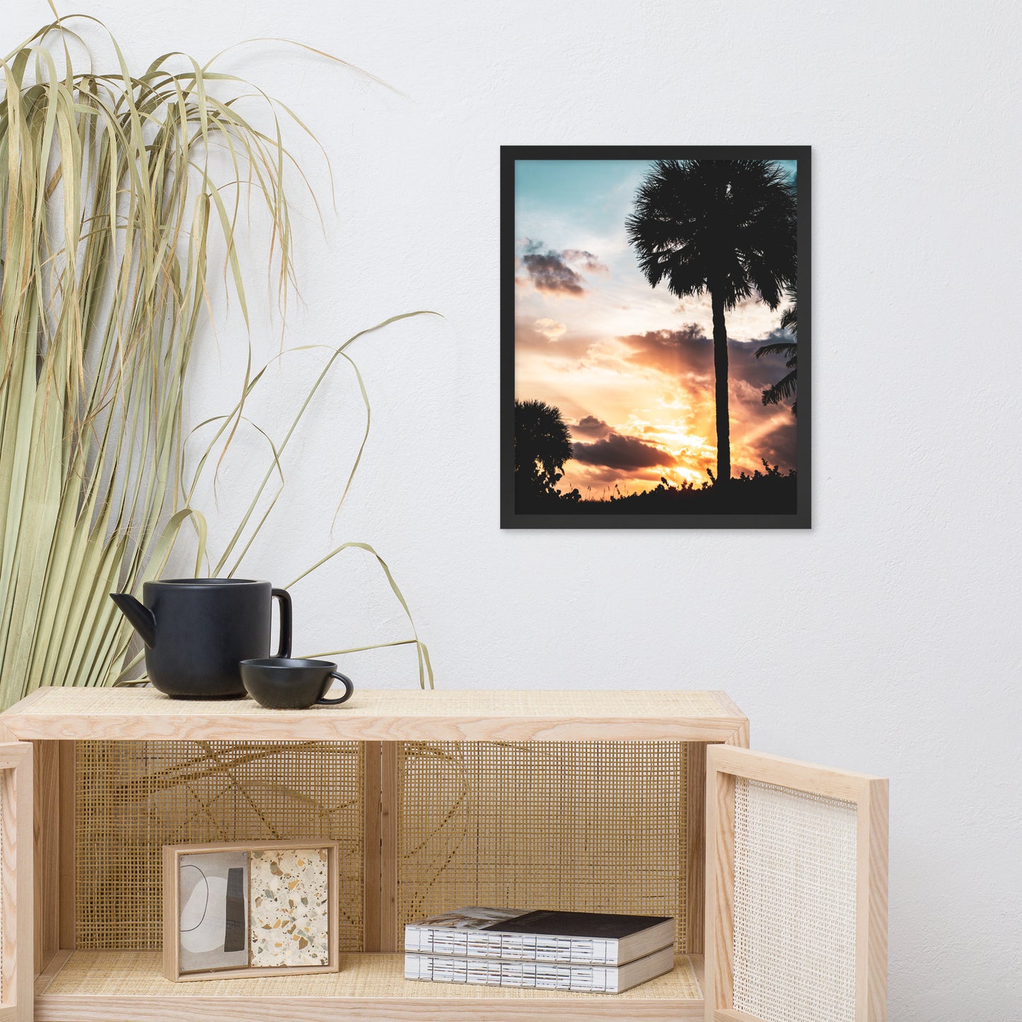 Palm Tree Silhouettes and Sunset Botanical Nature Photo Framed Wall Art Print