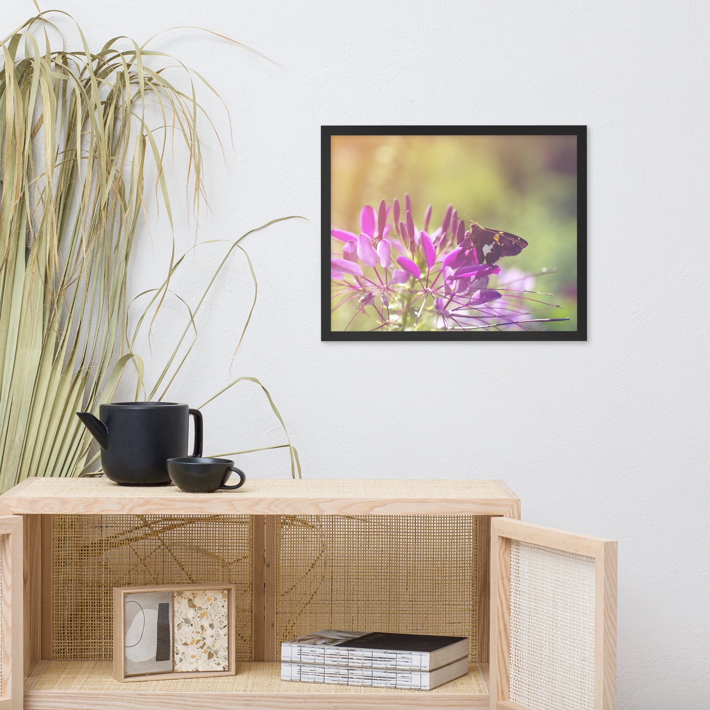 Spider Flower in Glory Light with Spotted Moth Floral Nature Photo Framed Wall Art Print