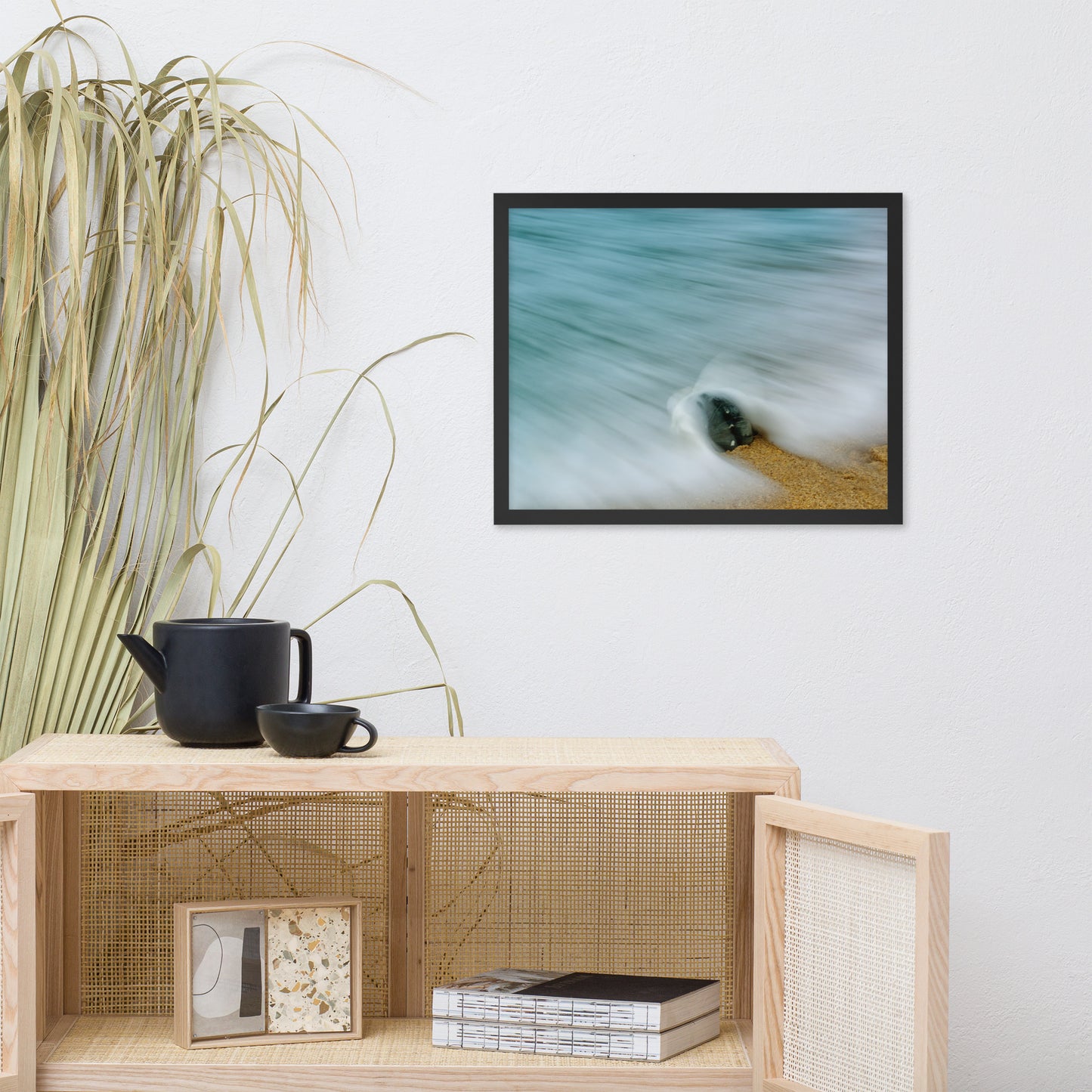 Whelk Seashell and Misty Wave Coastal Nature Photo Framed Wall Art Print