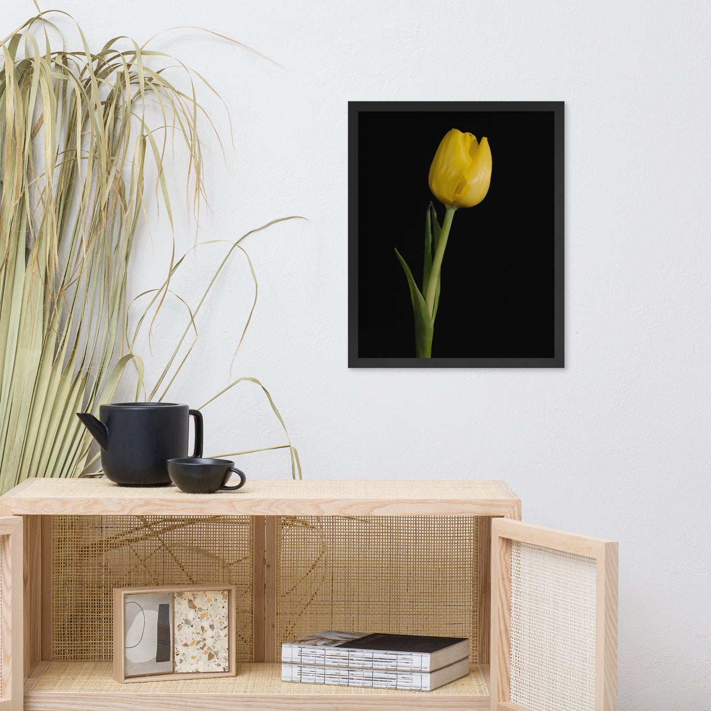 Yellow Tulip on Black Floral Nature Photo Framed Wall Art Print