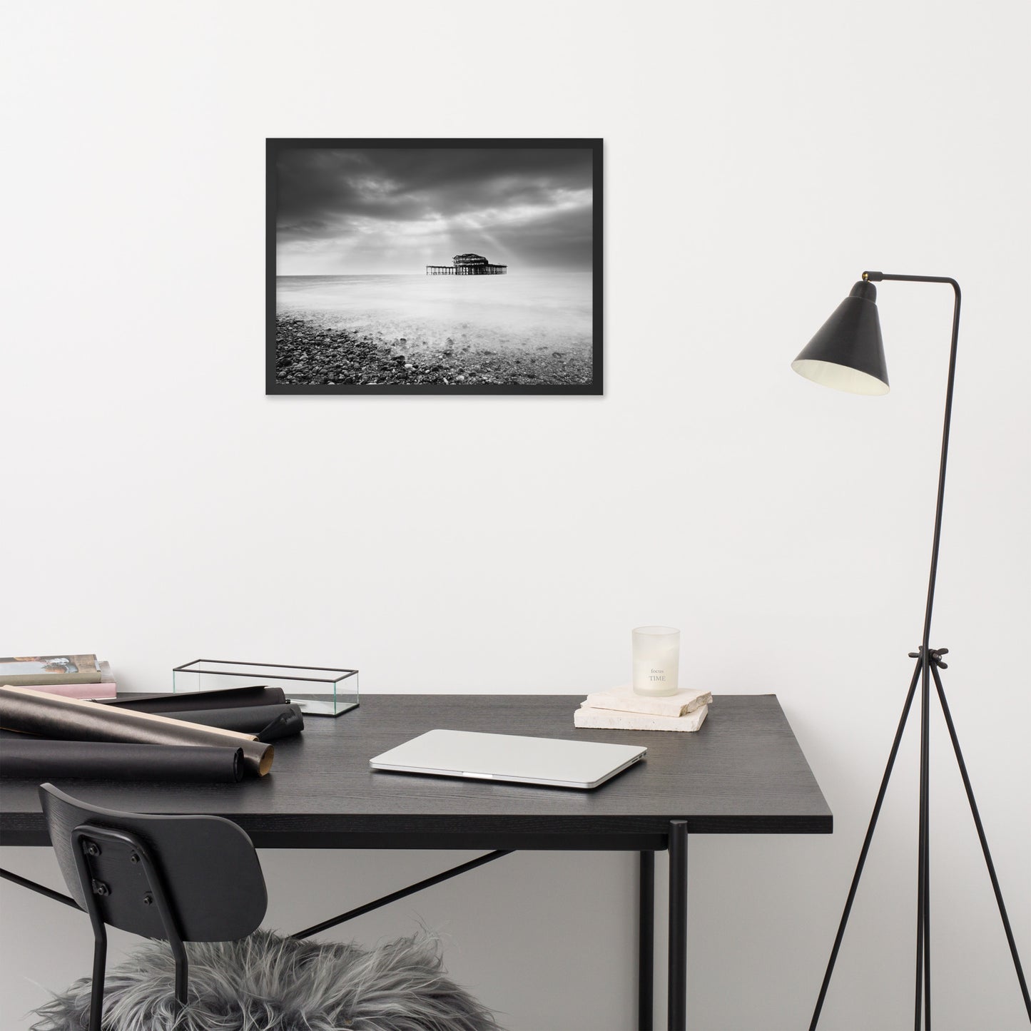 Artwork For Office Space: Abandoned West Pier Coastal Seascape Landscape Black and White Photograph Framed Wall Art Print