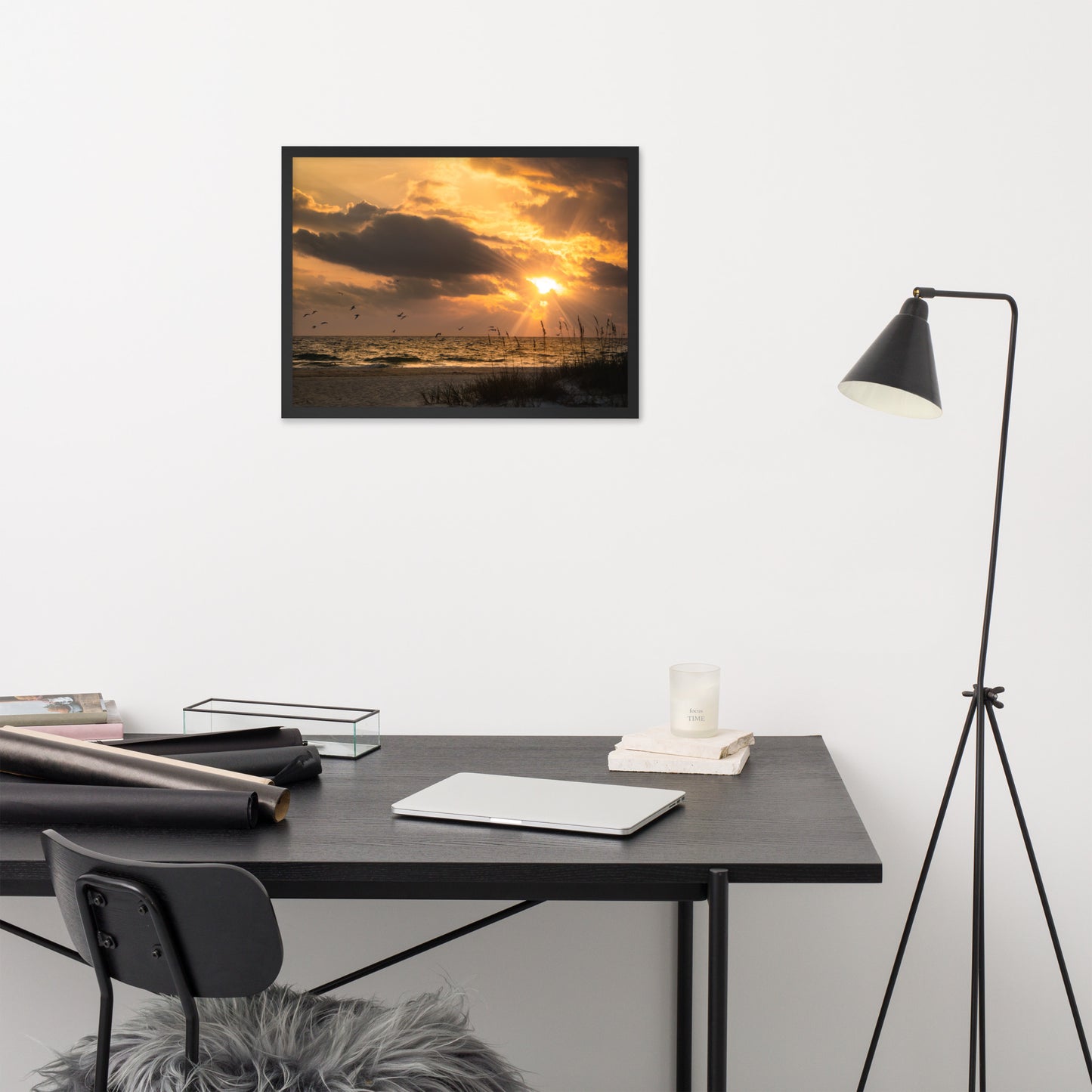 Masculine Office Wall Decor: Anna Maria Island Cloudy Beach Sunset 1 - Coastal / Beach / Seascape / Nature / Landscape Photo Framed Wall Art Print - Artwork
