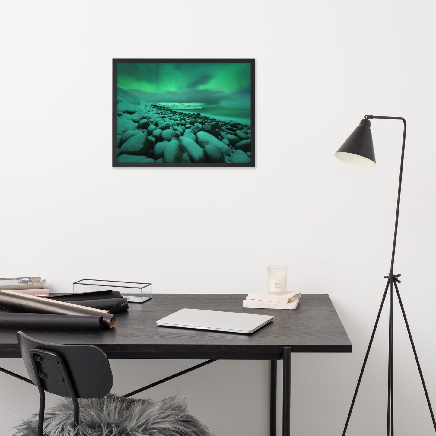 Spa Wall Decor Bathroom: Aurora Borealis Over Ocean in Teriberka Night - Coastal / Beach / Seascape / Nature / Landscape Photo Framed Wall Art Print - Artwork