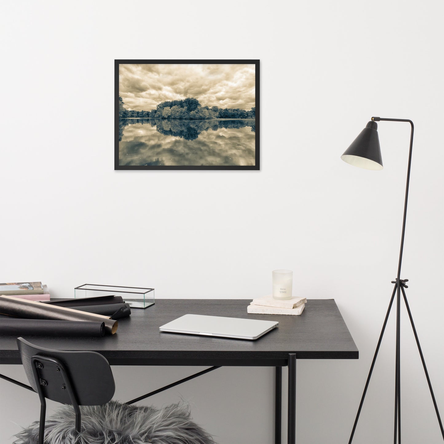 Framed Pictures For Office: Autumn Reflections Sepia - Rural / Rustic / Botanical / Farmhouse Style Landscape / Nature Photograph Framed Print - Wall Decor - Artwork