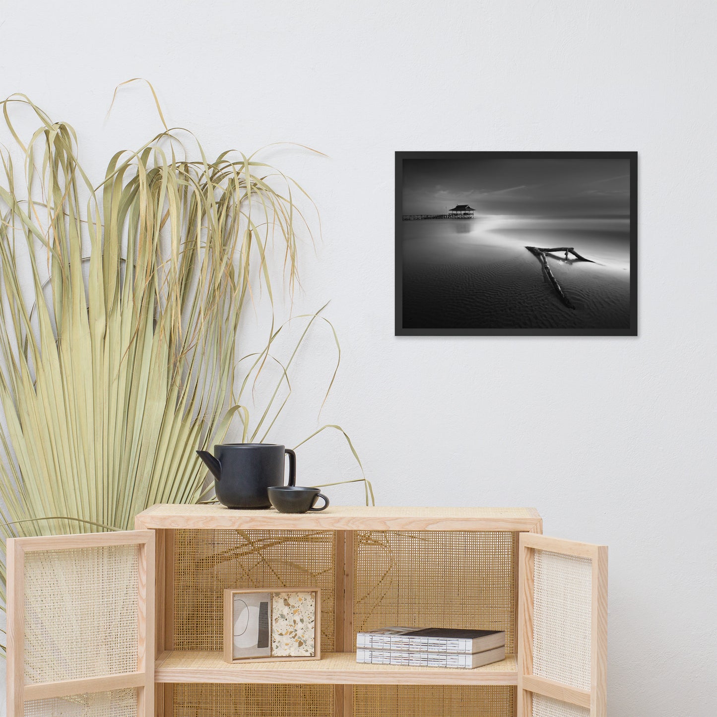 Dramatic Beach with Driftwood Black and White Framed Wall Art Prints