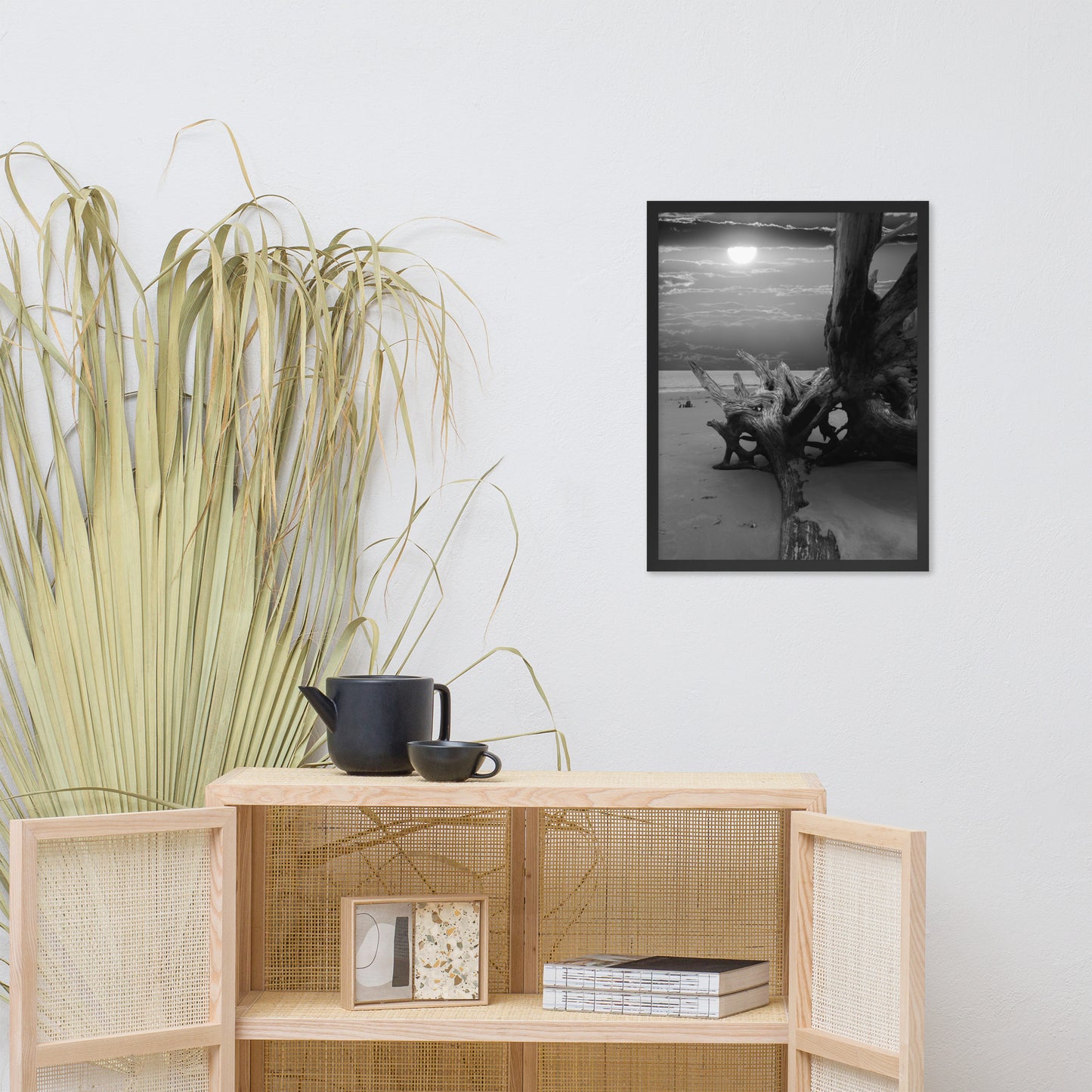 Dried Tree Roots and Sunrise 2 Black and White Landscape Photo Framed Wall Art Print