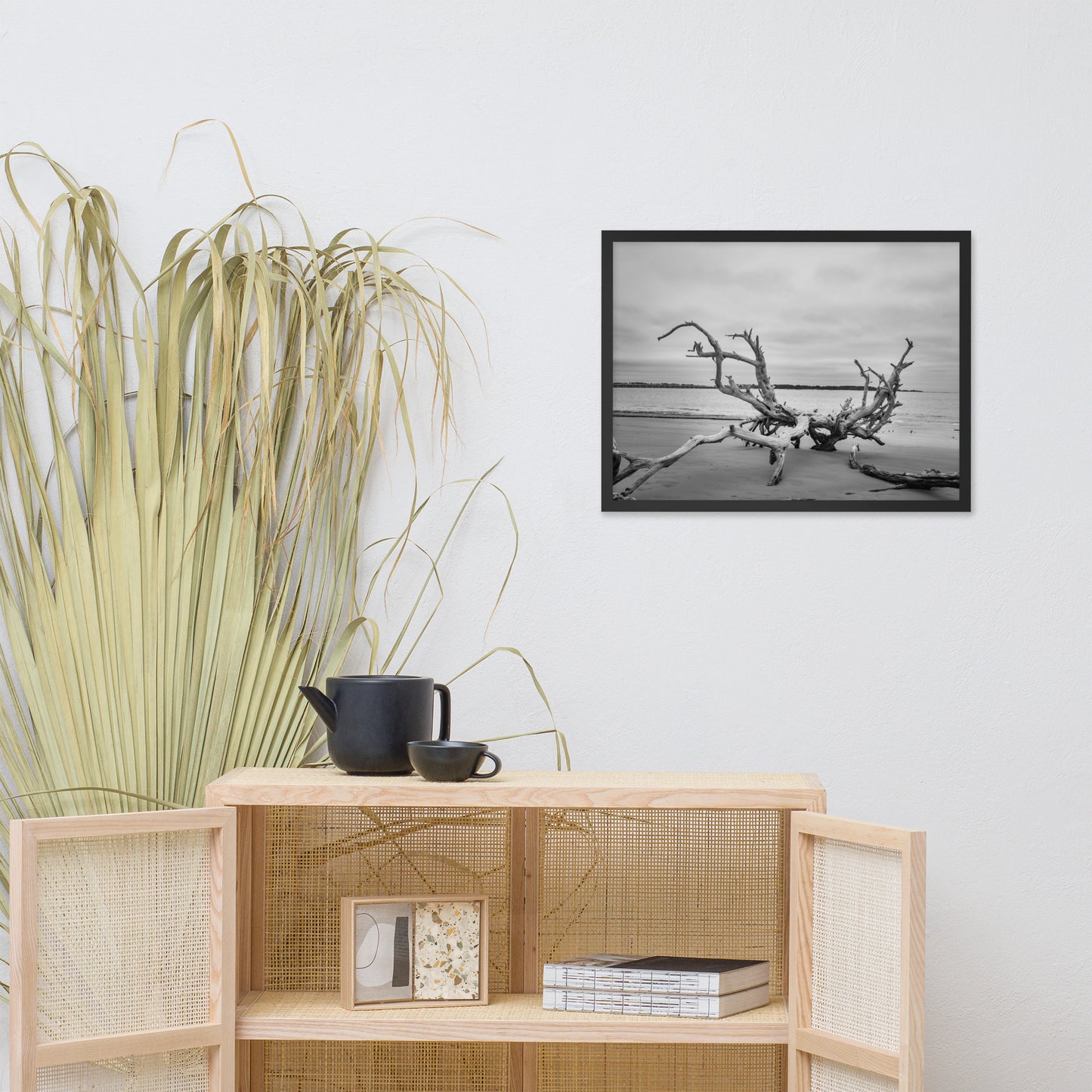 Driftwood on Boneyard Beach Florida 3 Black and White Rustic Coastal Landscape Photo Framed Wall Art Print
