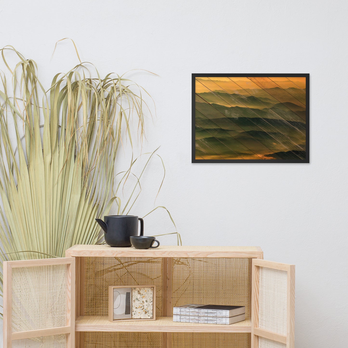 Faux Wood Foggy Mountain Layers at Sunset Landscape Framed Photo Paper Wall Art Prints