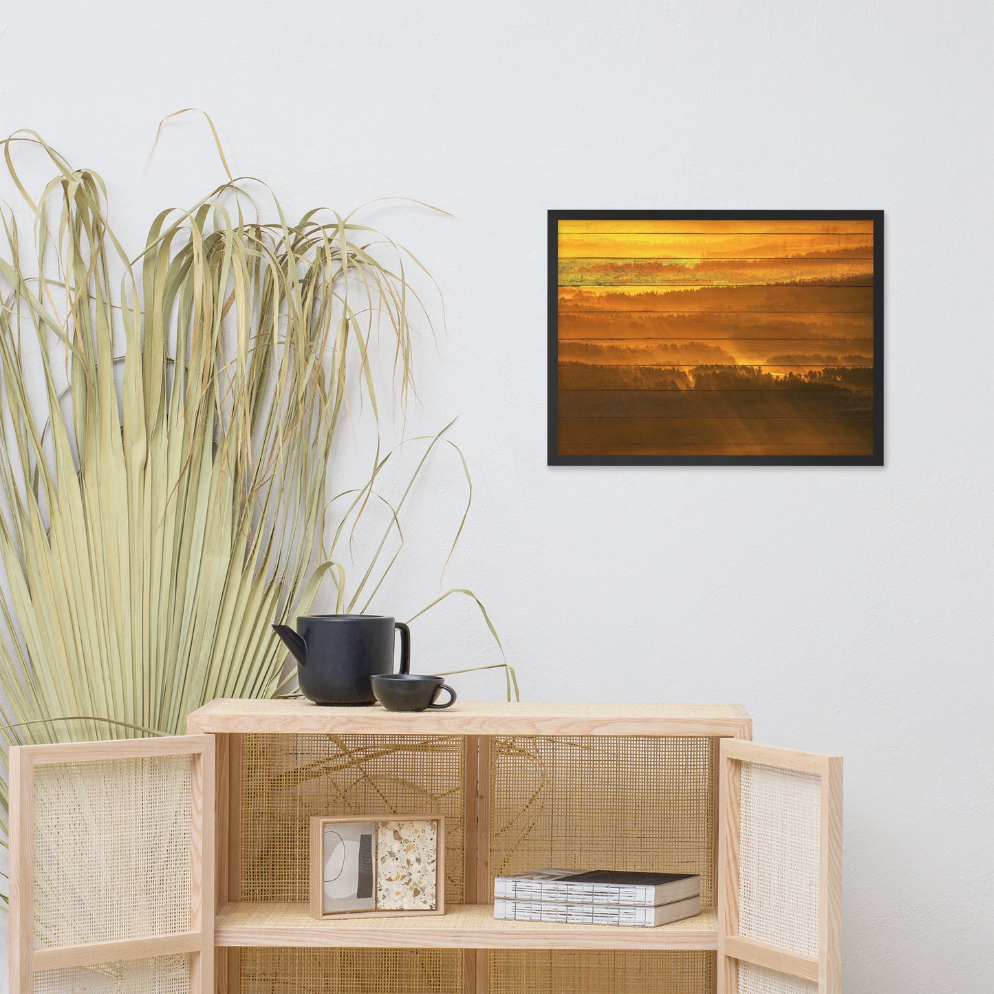 Faux Wood Golden Mist Valley - Hills & Mountain Range Framed Photo Wall Art Prints