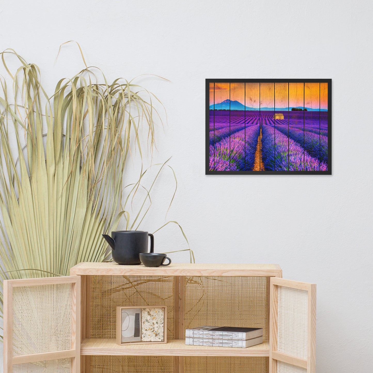 Faux Wood Lavender Fields and Sunset Landscape Framed Photo Paper Wall Art Prints