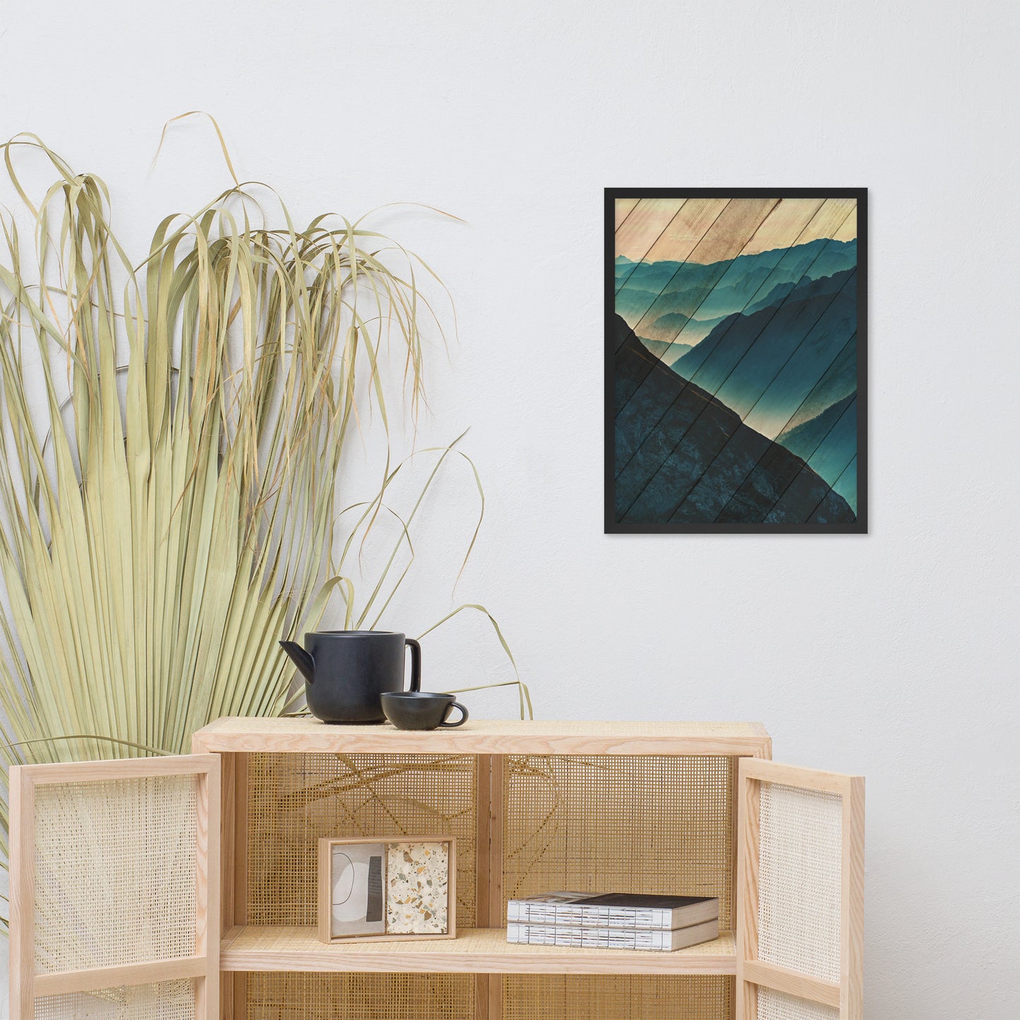 Faux Wood Misty Blue Silhouette Mountain Range Landscape Framed Photo Paper Wall Art Prints